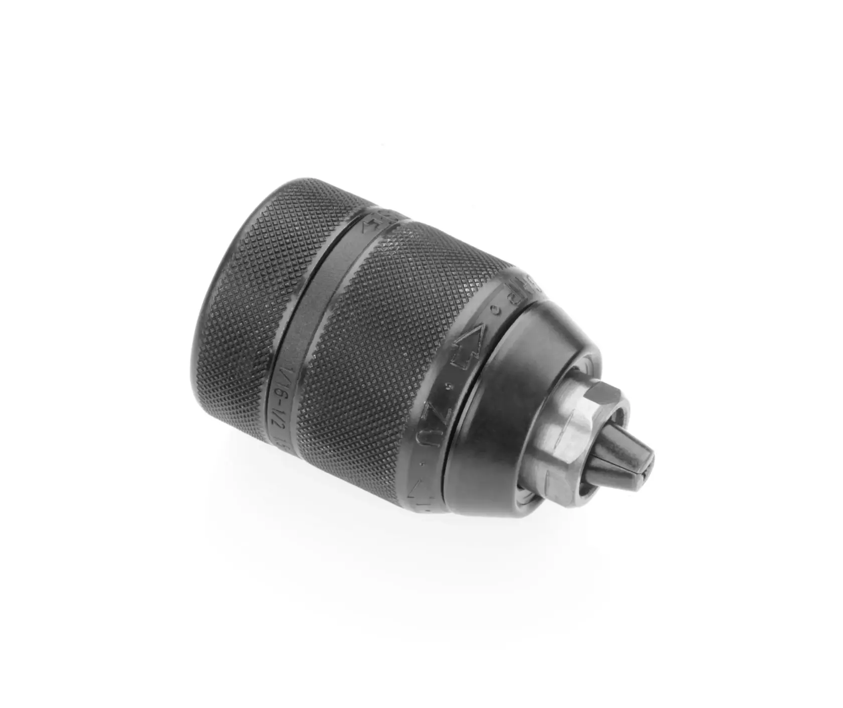 Black DEWALT drill chuck, textured for grip, shown isolated on a white background.