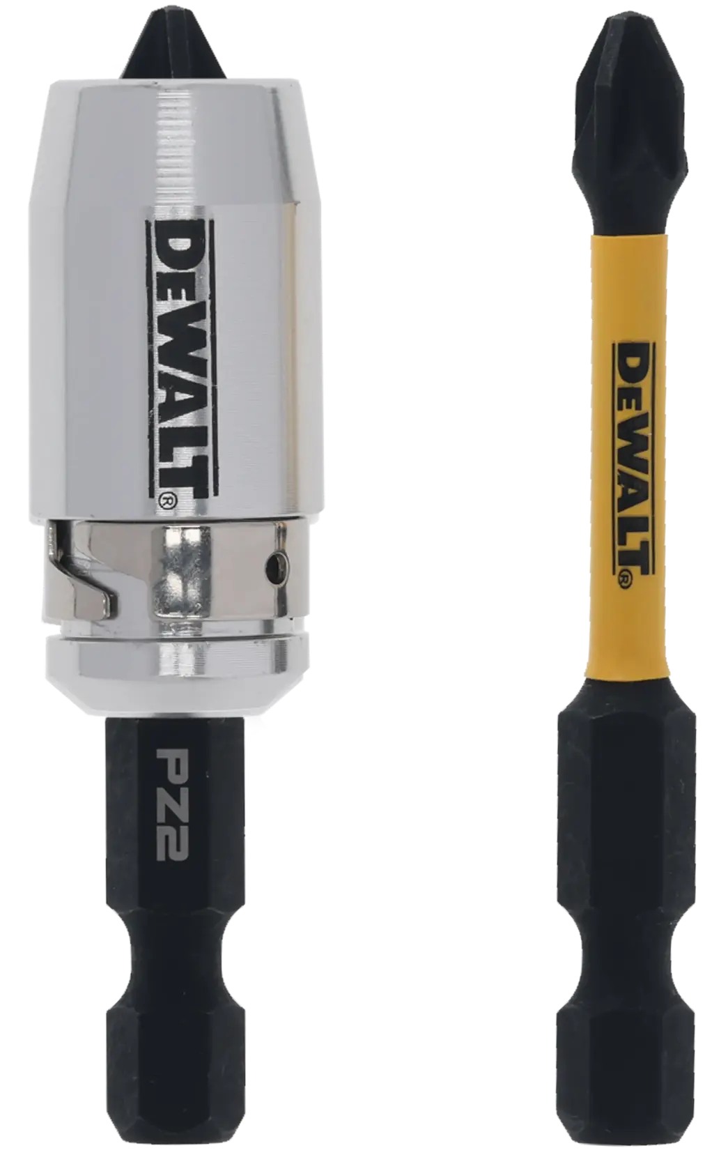 DEWALT DT70535T screwdriver bit with holder, silver and black, shown frontally on white background.