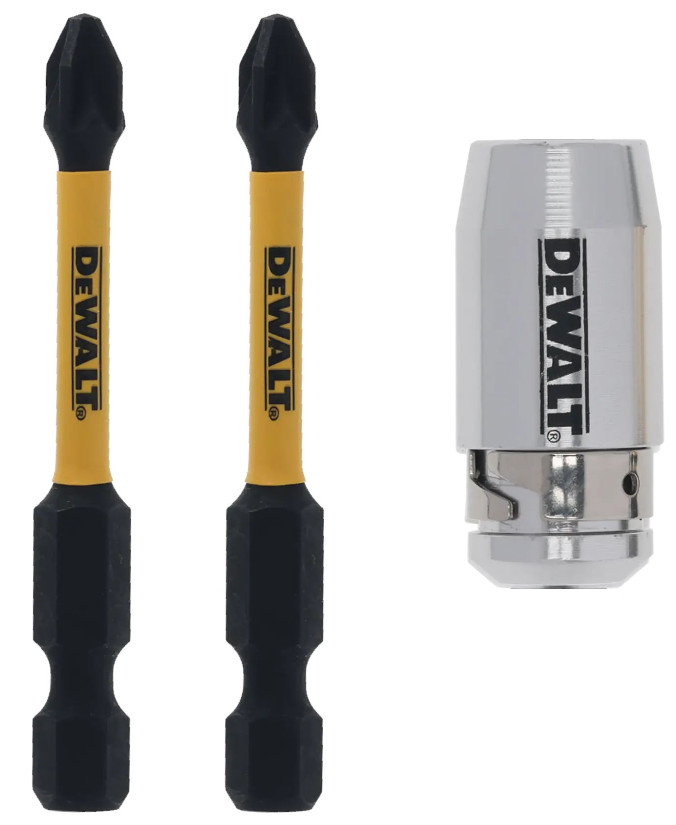 DEWALT set with two screwdriver bits and a magnetic bit holder, all branded and shown upright on a white background.