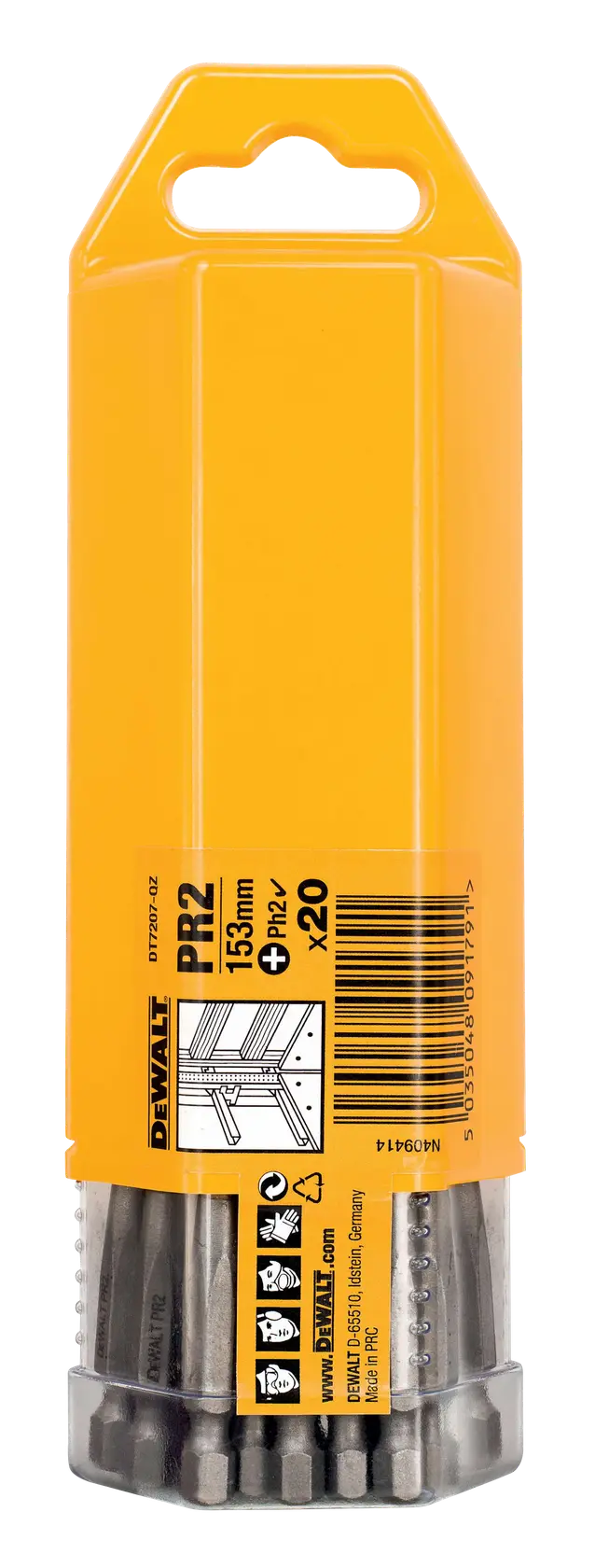 DEWALT DT7207 pack containing 20 PH2 screwdriver bits, 53mm length, inside a yellow plastic container with a transparent bottom showing the bits.