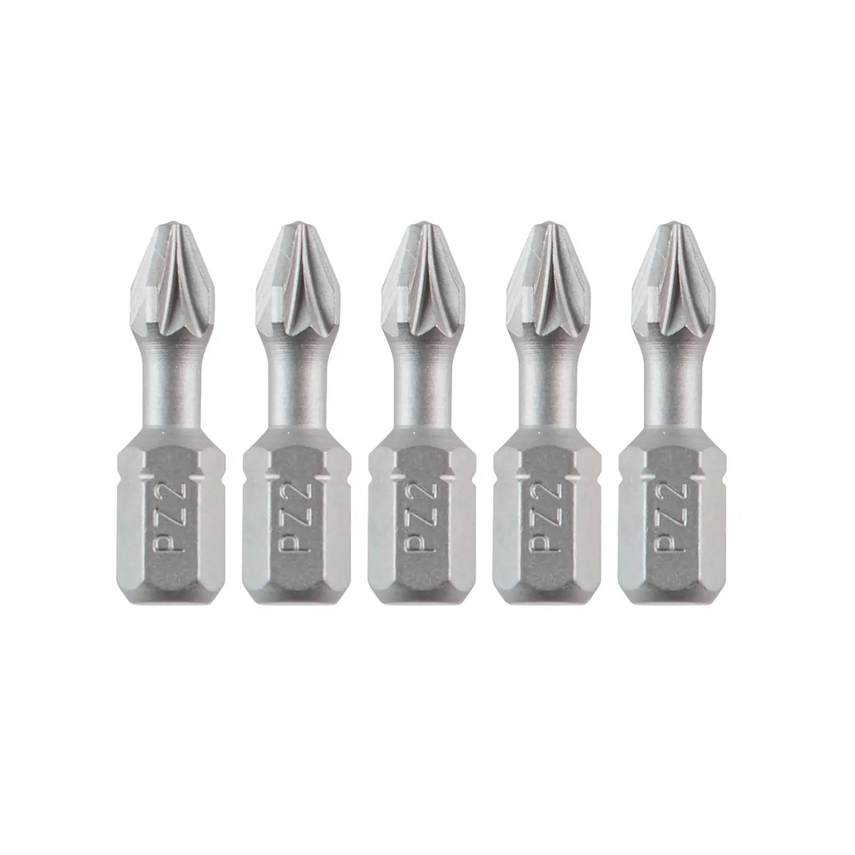 Set of five DEWALT PZ2 screwdriver bits arranged in a row, silver color, suitable for power tools.