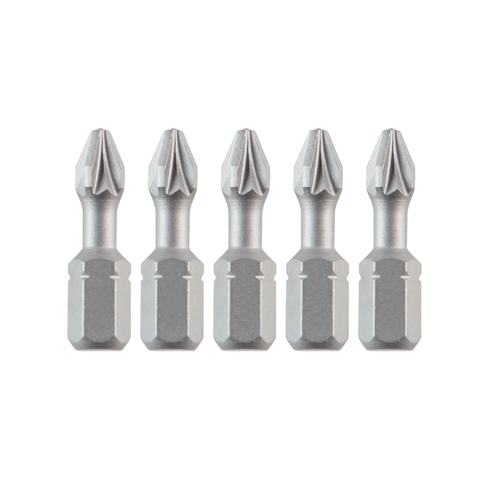 Five metal screwdriver bits are arranged in a row and viewed from the front.