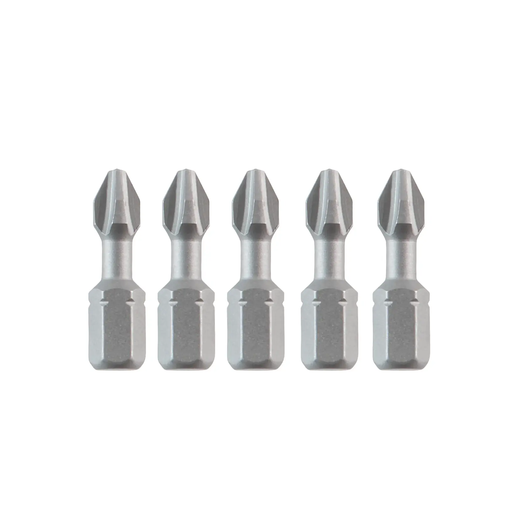 Five DEWALT screwdriver bits arranged in a row on a white background, suitable for use with drills.