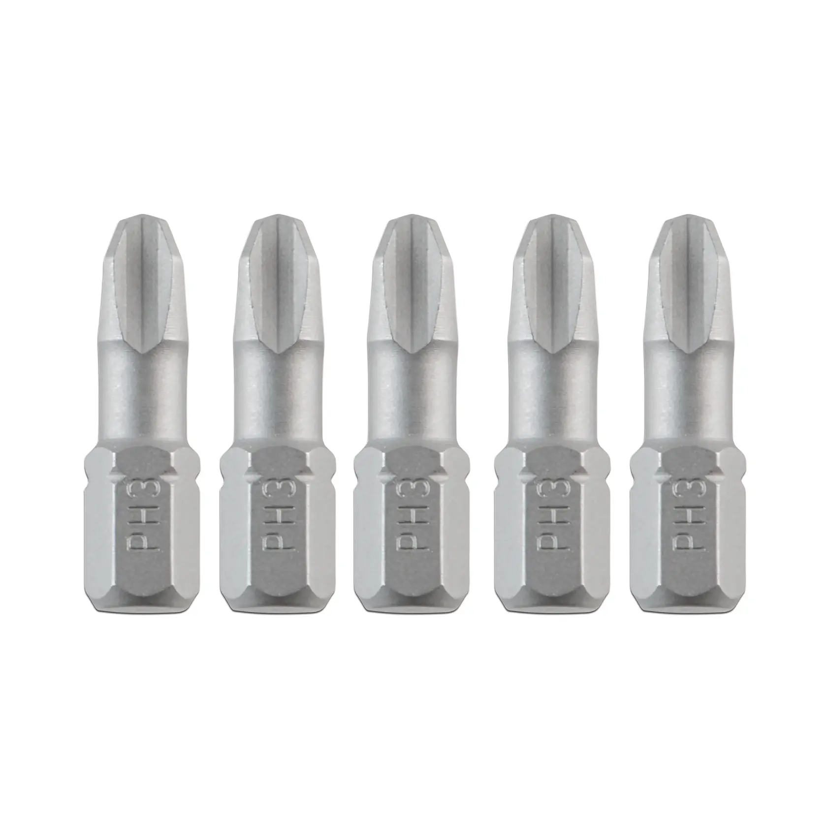 Five silver DEWALT PH3 screwdriver bits lined up in a row on a white background.