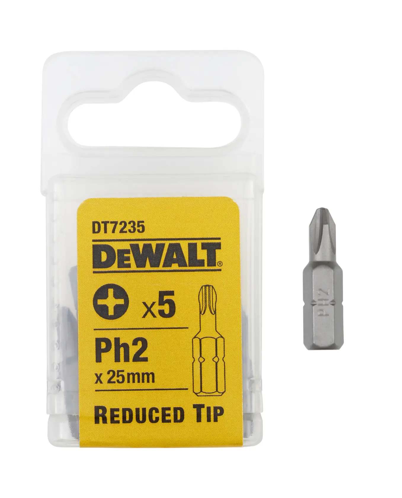 DEWALT DT7235 pack of five 25mm PH2 reduced tip screwdriver bits and one bit shown outside the box.