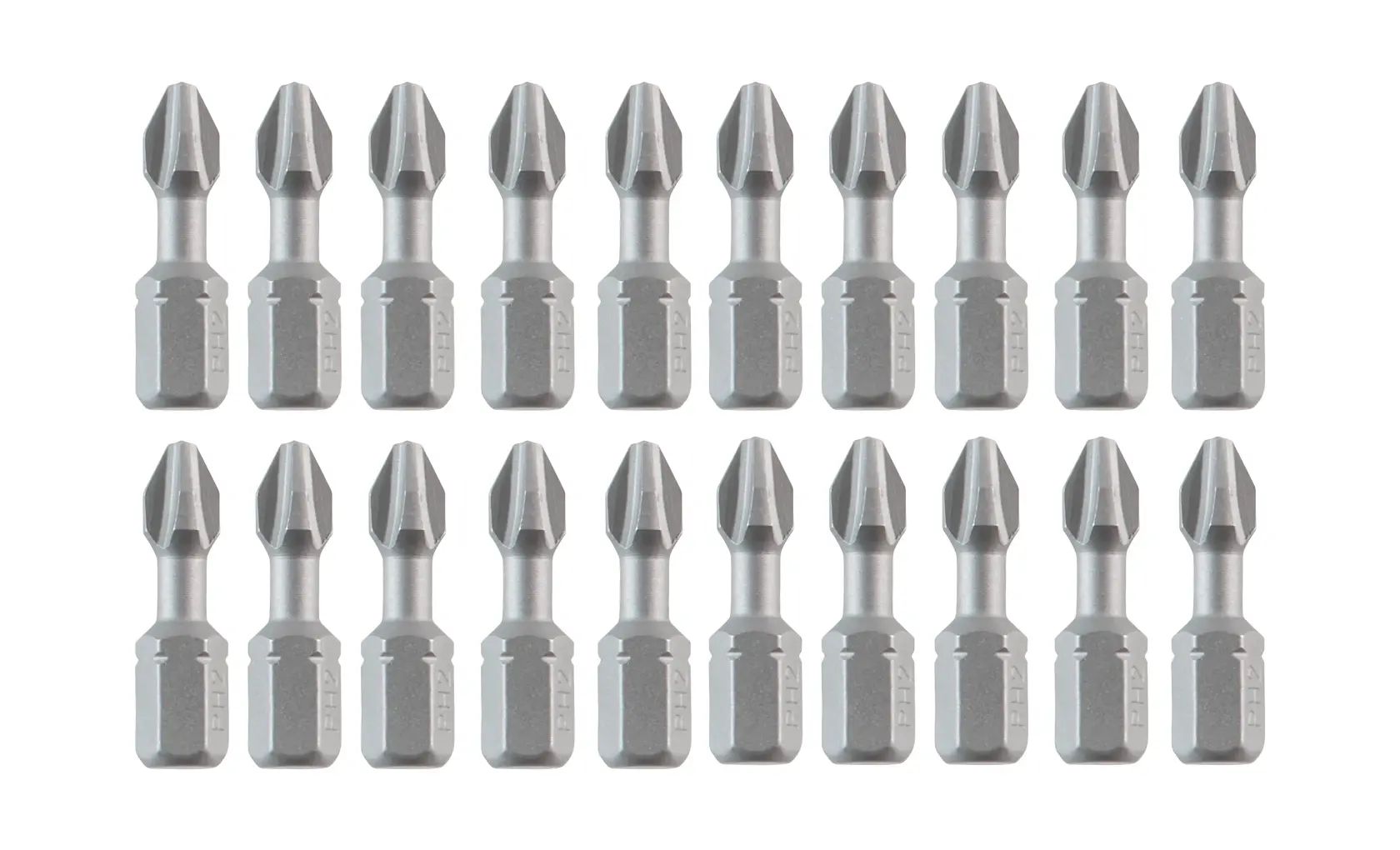 Set of twenty DEWALT screwdriver bits arranged in two rows against a white background.