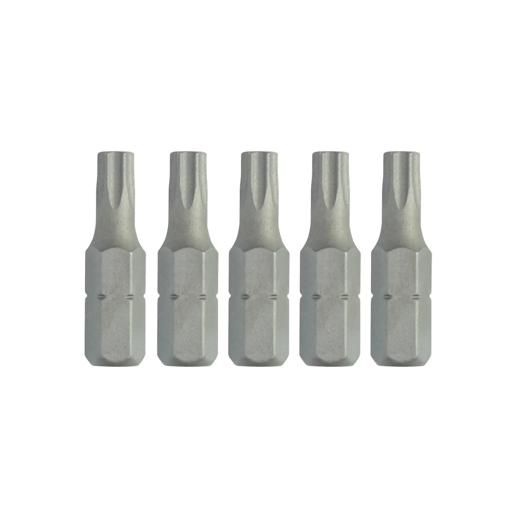 Five silver DEWALT screwdriver bits are displayed in a row on a white background.
