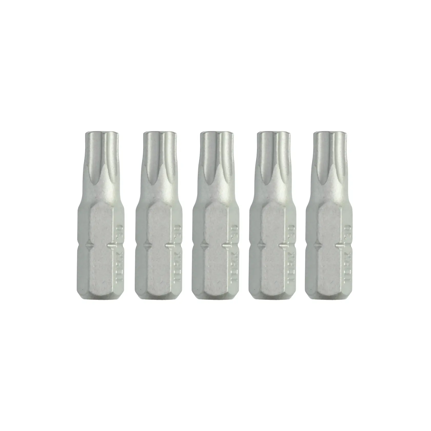 Five silver DEWALT screwdriver bits are arranged side by side on a white background.