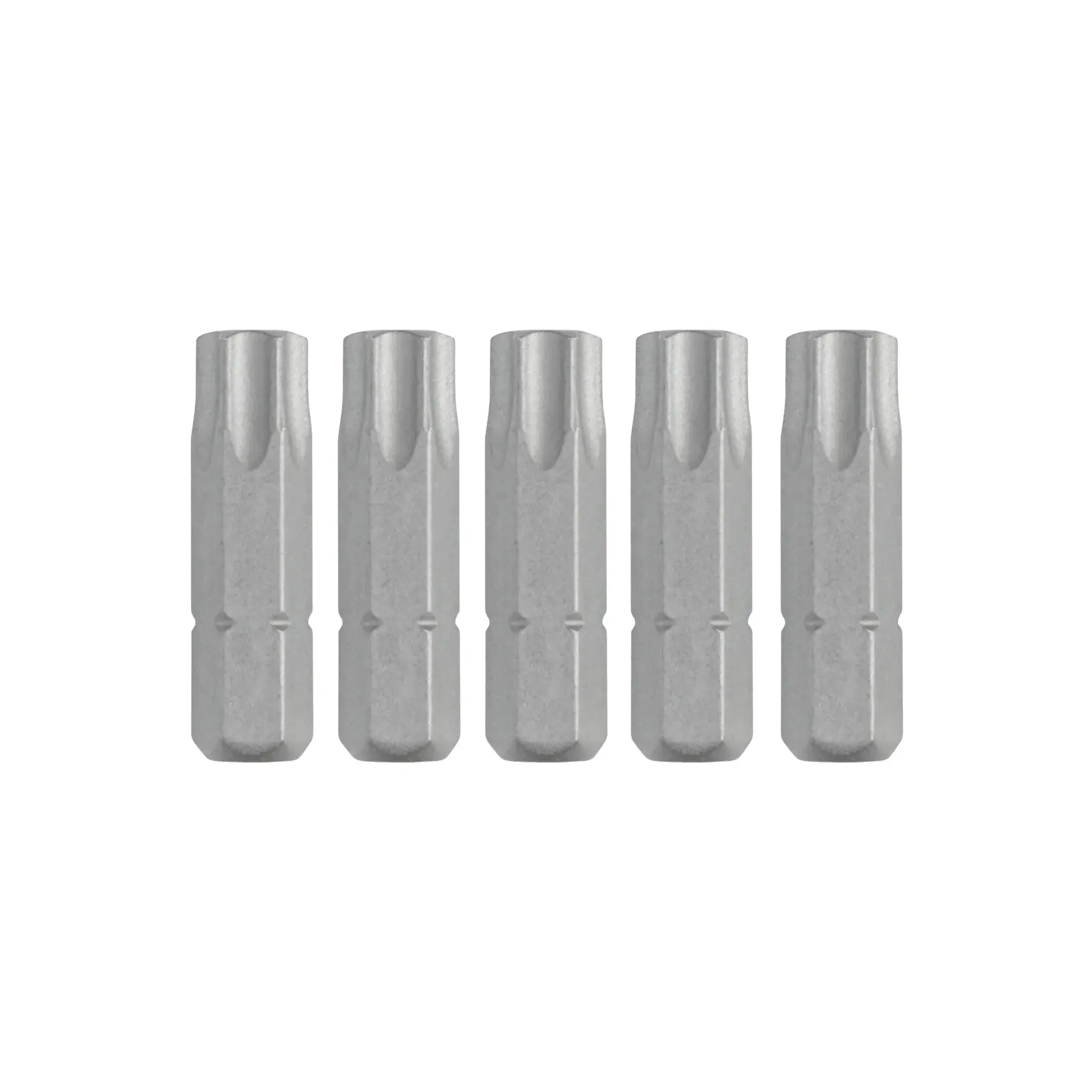 Five DEWALT DT7259 metallic screwdriver bits arranged upright side by side on white background.