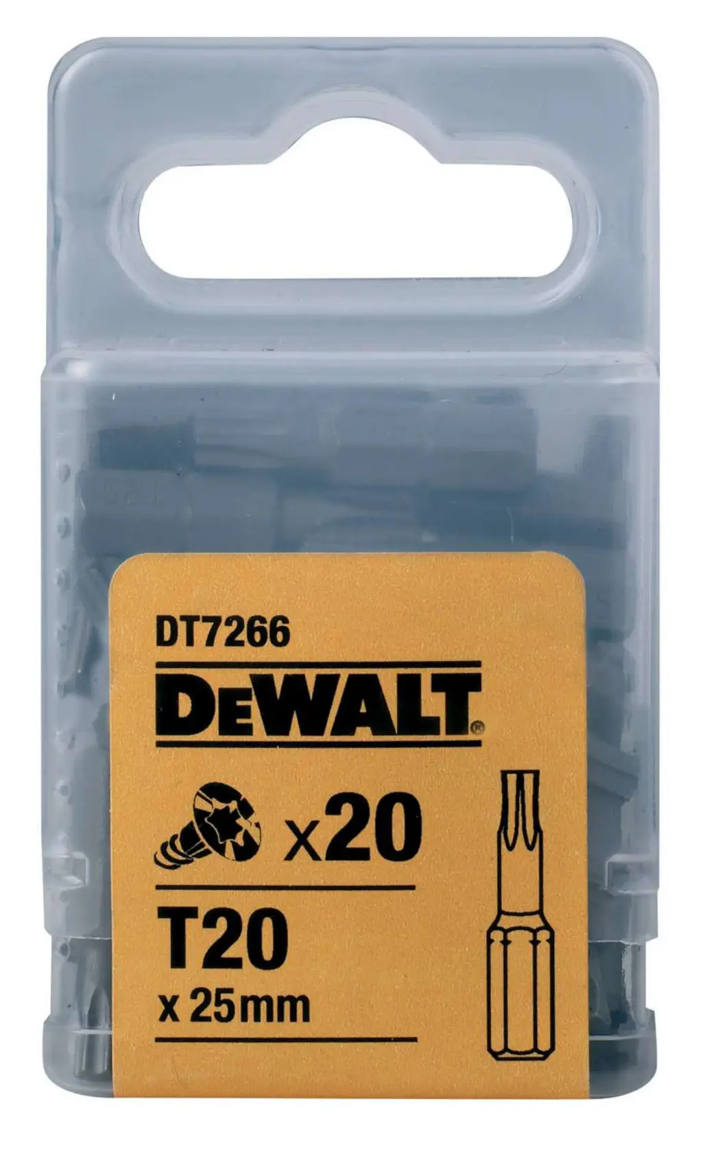 DEWALT DT7266 pack of 20 T20 25mm screwdriver bits in a transparent plastic box.