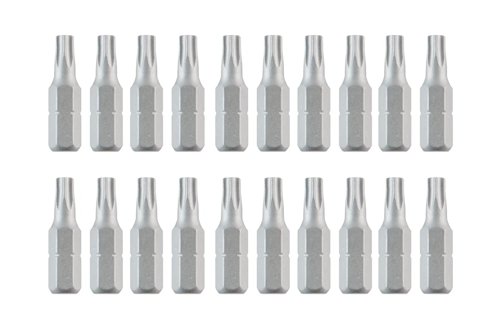 Set of twenty DEWALT screwdriver bits arranged in two rows on a white background.