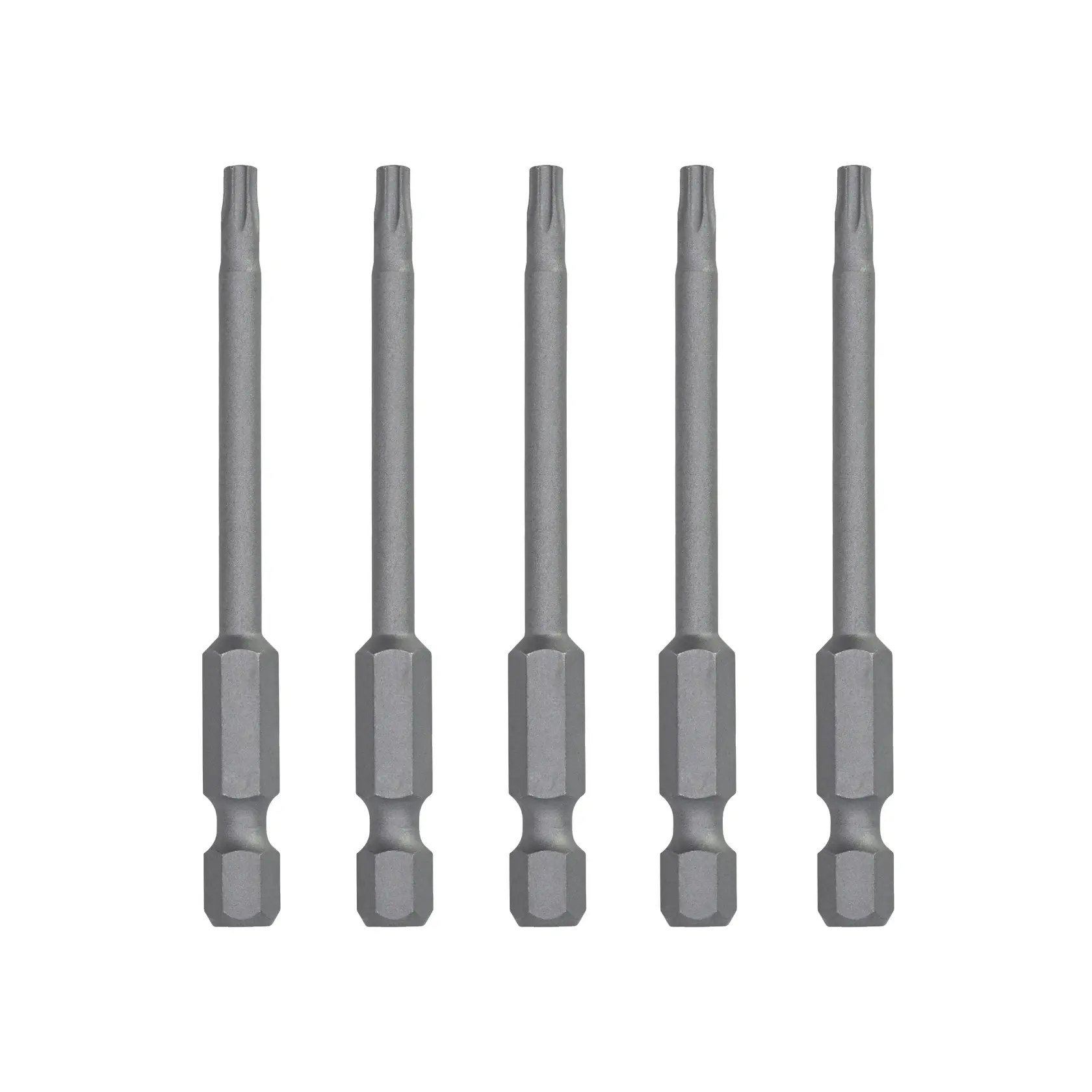 Five DEWALT DT7291 long screwdriver bits shown in a row, gray steel with hex shanks for power tools.