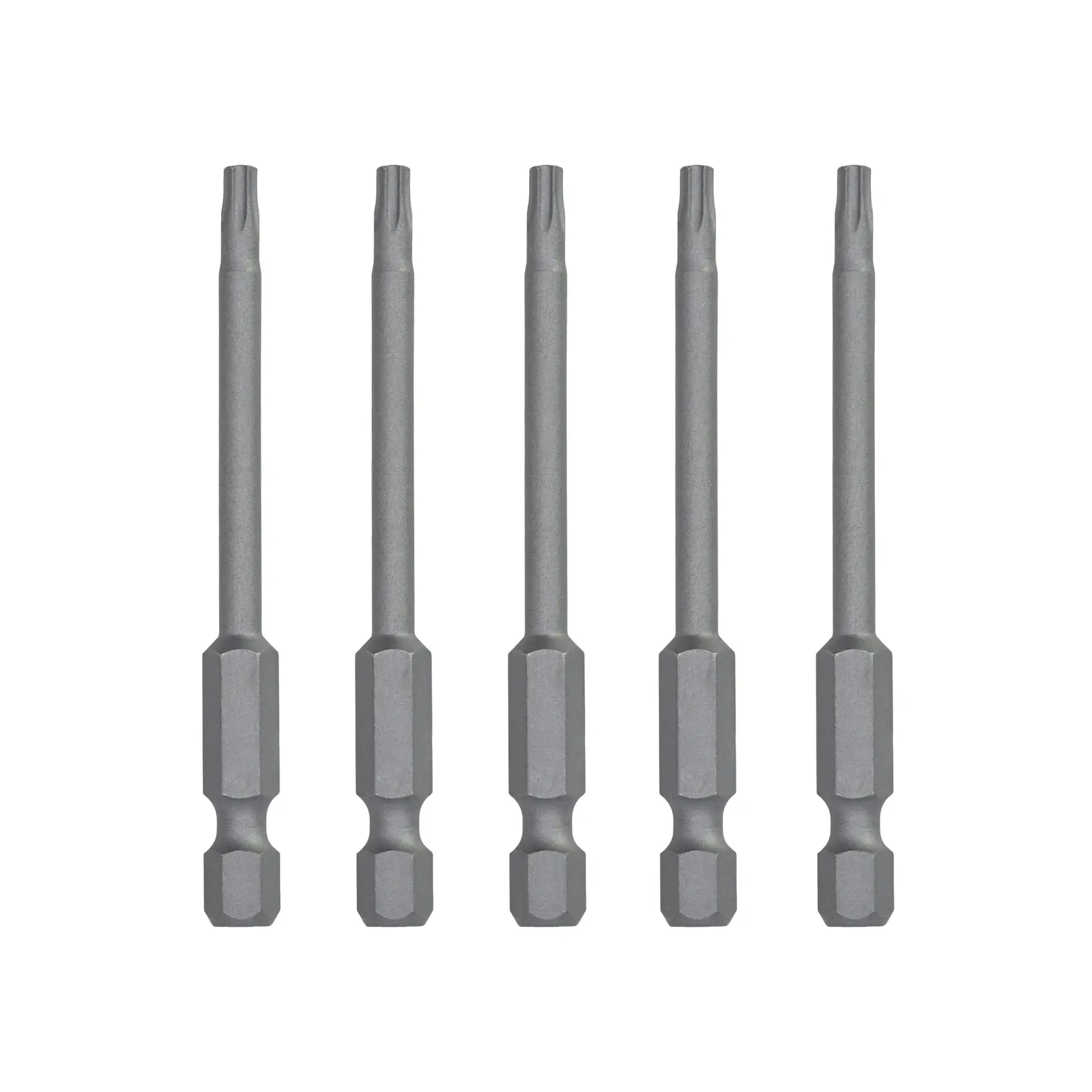 Set of five DEWALT DT7292 long Torx screwdriver bits, shown upright, grey metal finish.