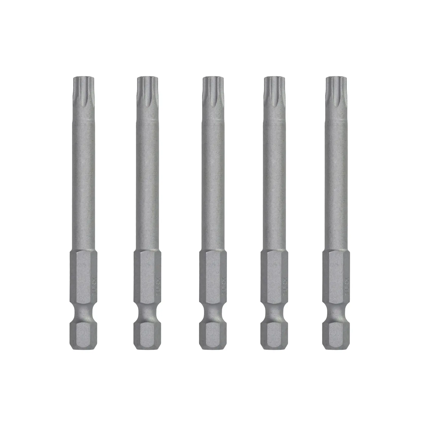 Set of five DEWALT DT7293 screwdriver bits with hex shank, arranged upright side by side.
