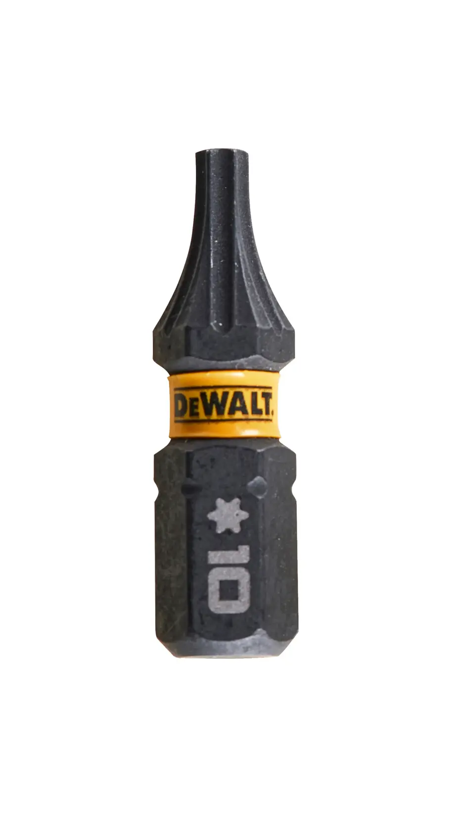 DEWALT DT7379T star screwdriver bit with yellow band and size marking 10, shown upright on white background.