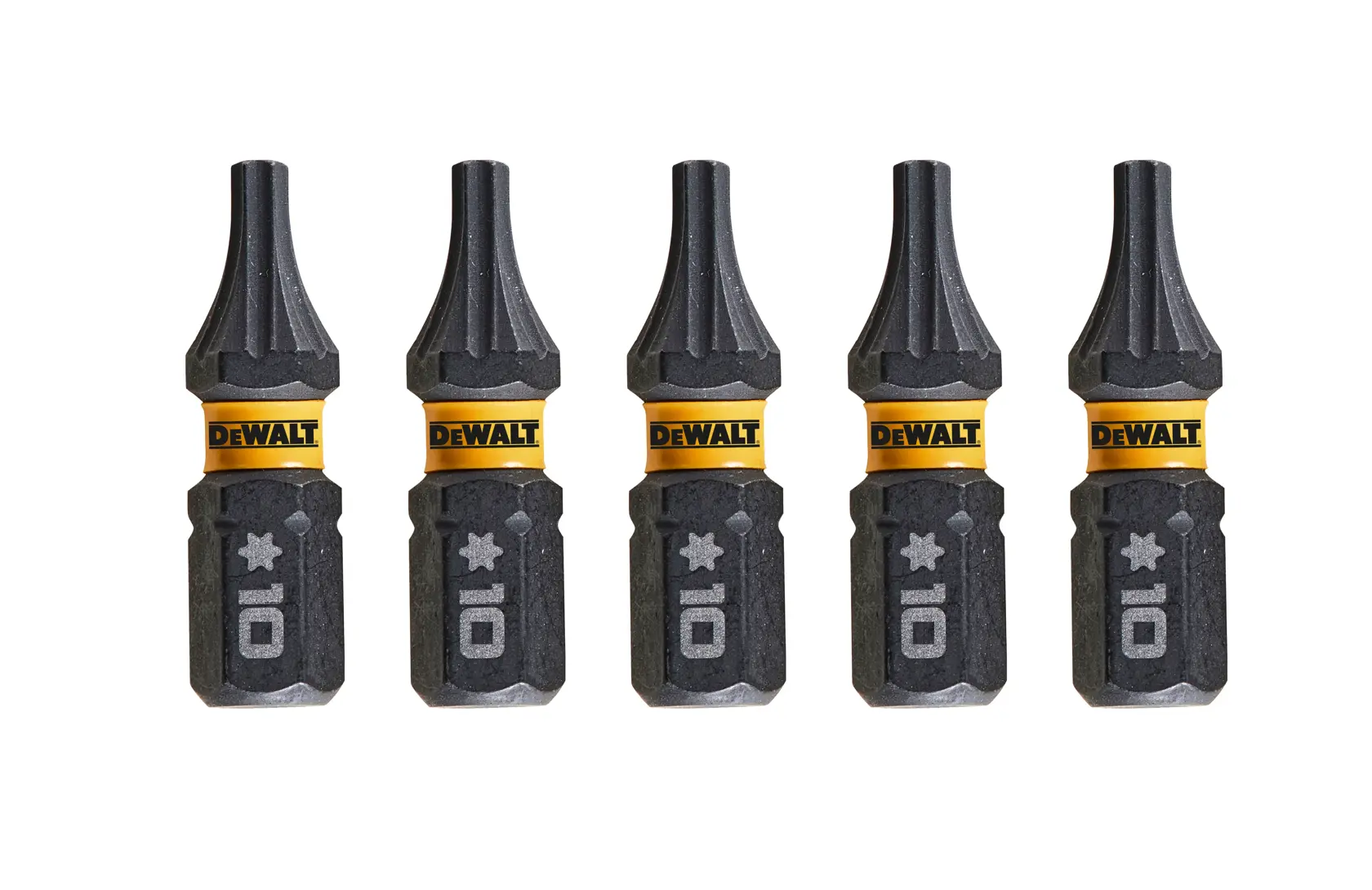 Five DEWALT DT7379T screwdriver bits with star tips, displayed in a row on a white background.