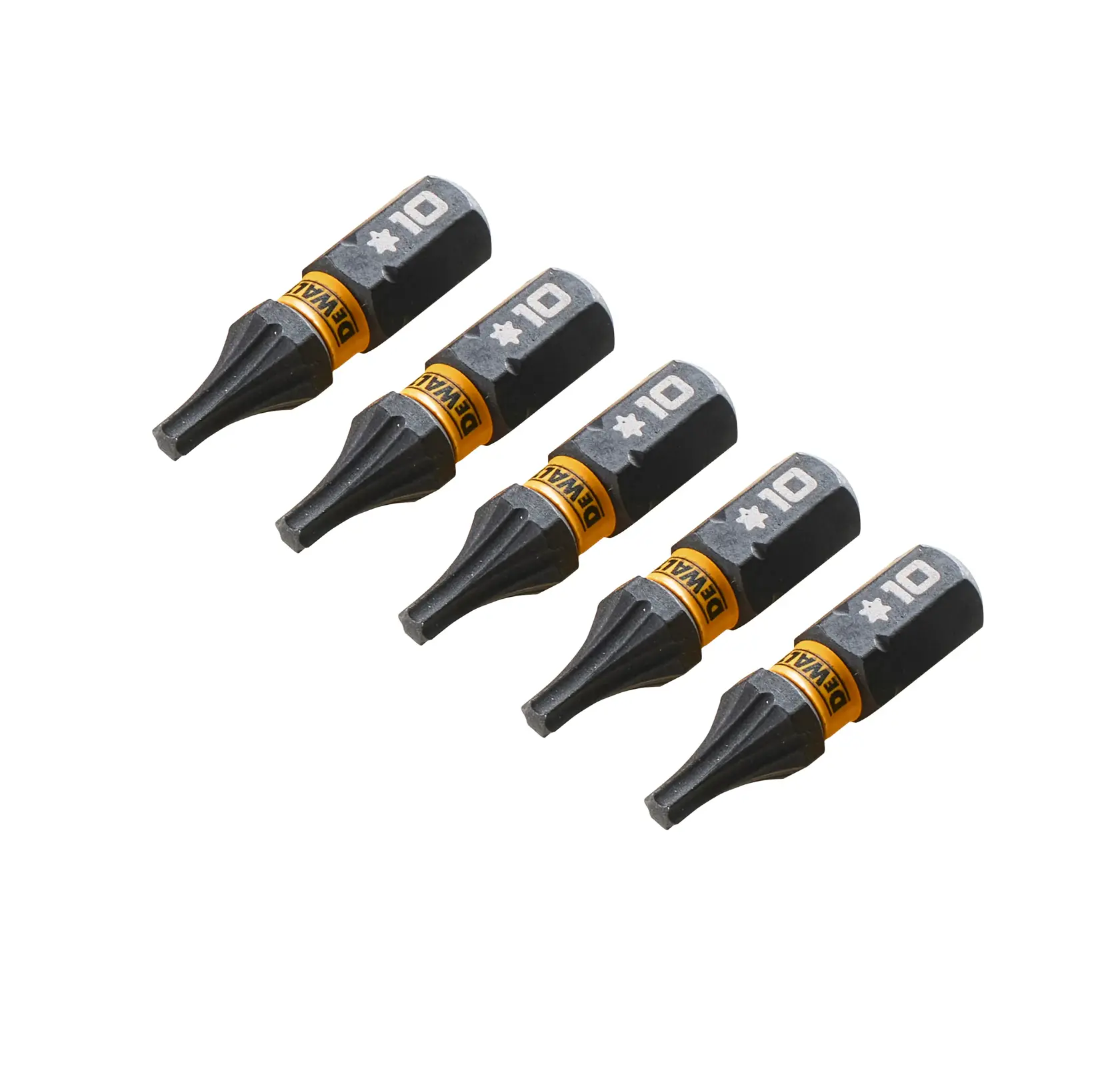Five DEWALT Torx screwdriver bits, black with yellow branding, arranged in a row on a white background.