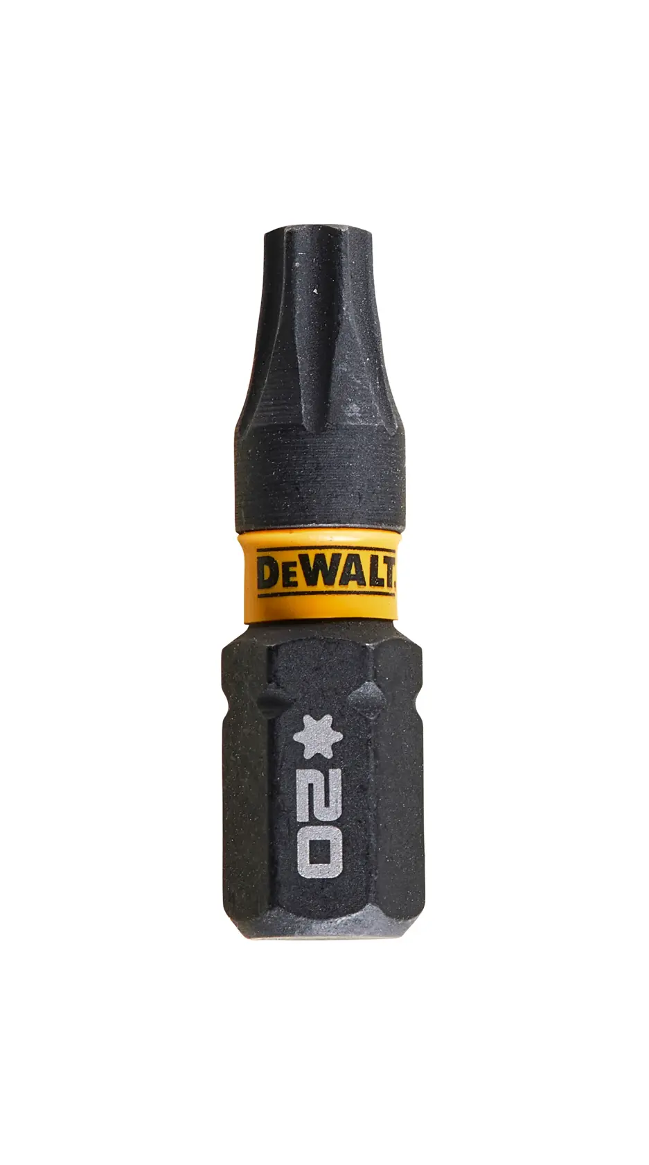 DEWALT DT7381T Torx 20 screwdriver bit with yellow band, suited for power tools and precise fastening tasks.