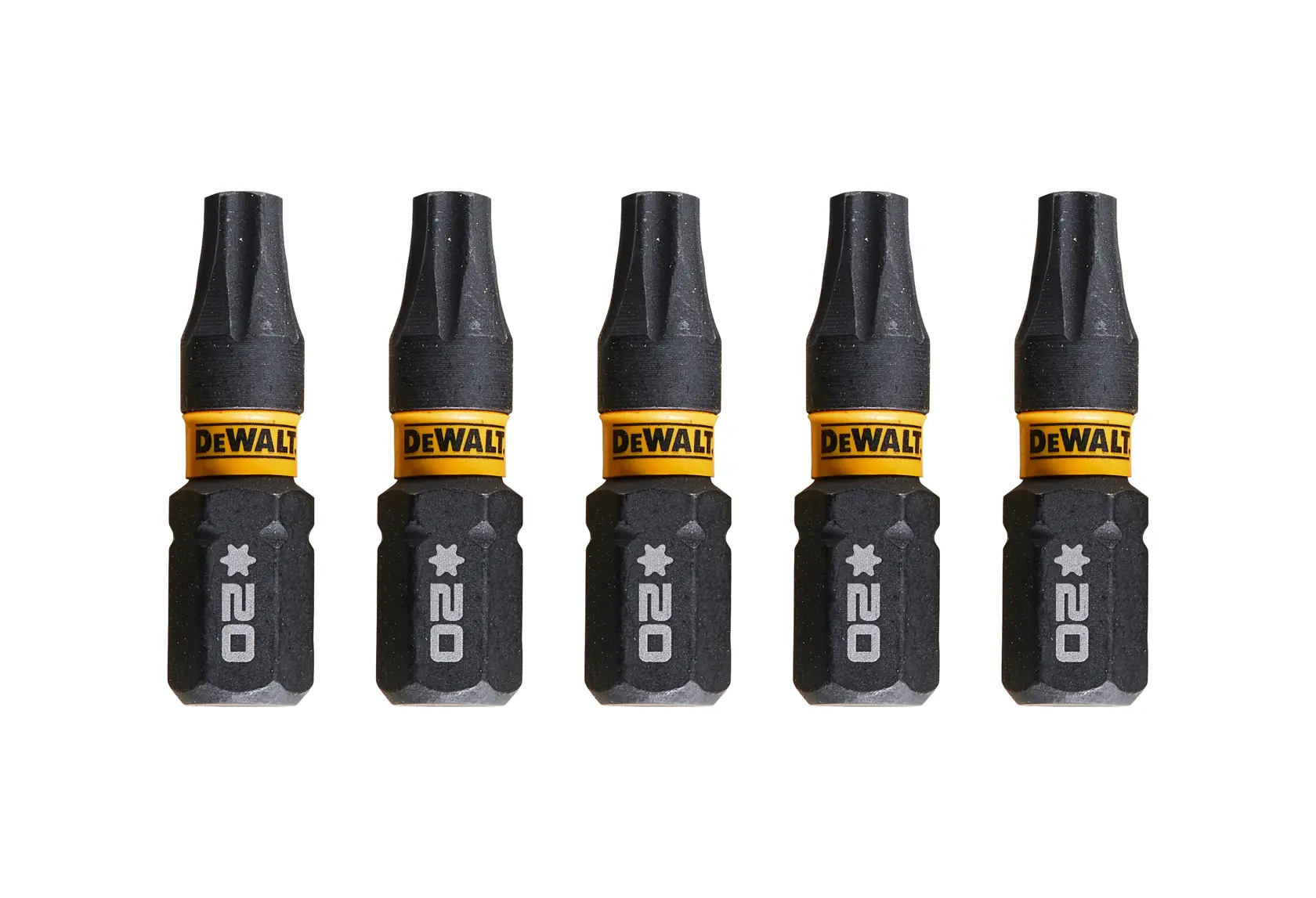 Five DEWALT T20 screwdriver bits with yellow branding, shown in a row on a white background.