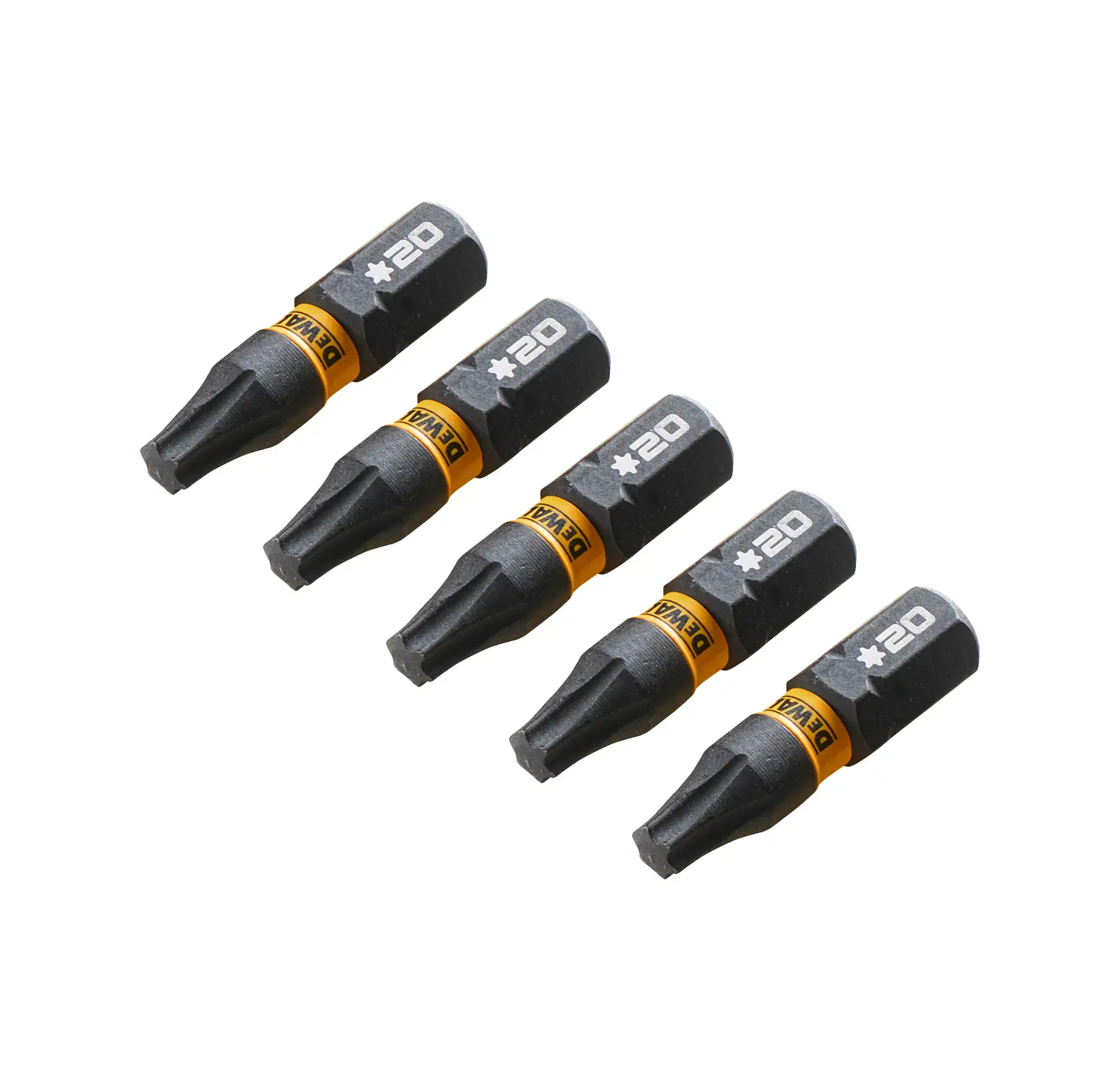 Five DEWALT Torx screwdriver bits, size T20, arranged in a row on a white background.