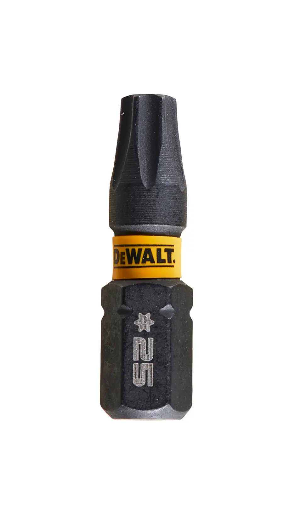 DEWALT DT7382T screwdriver bit with yellow band, black and silver, Torx size 25.