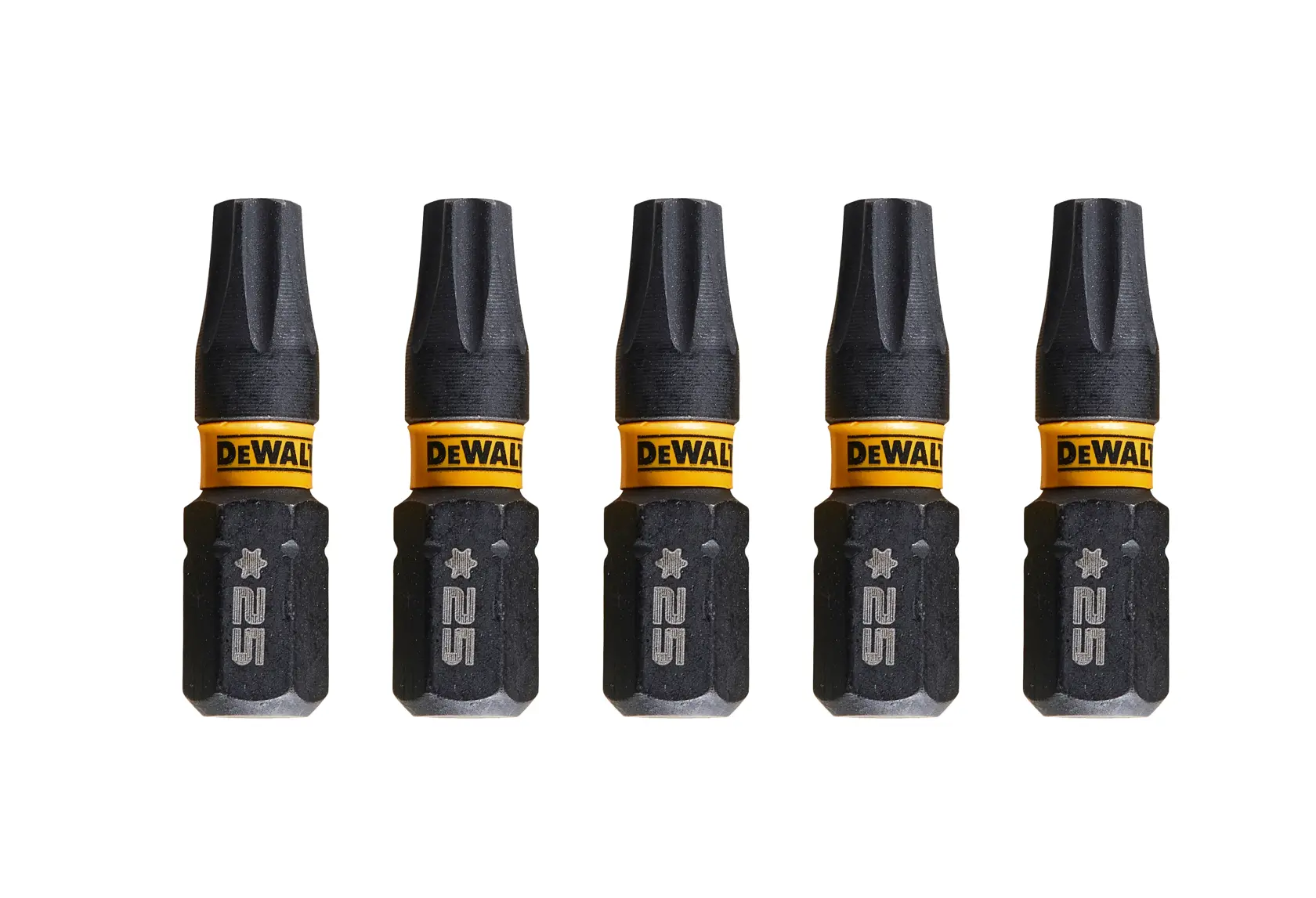Set of five DEWALT brand Torx screwdriver bits, size T25, against a white background.