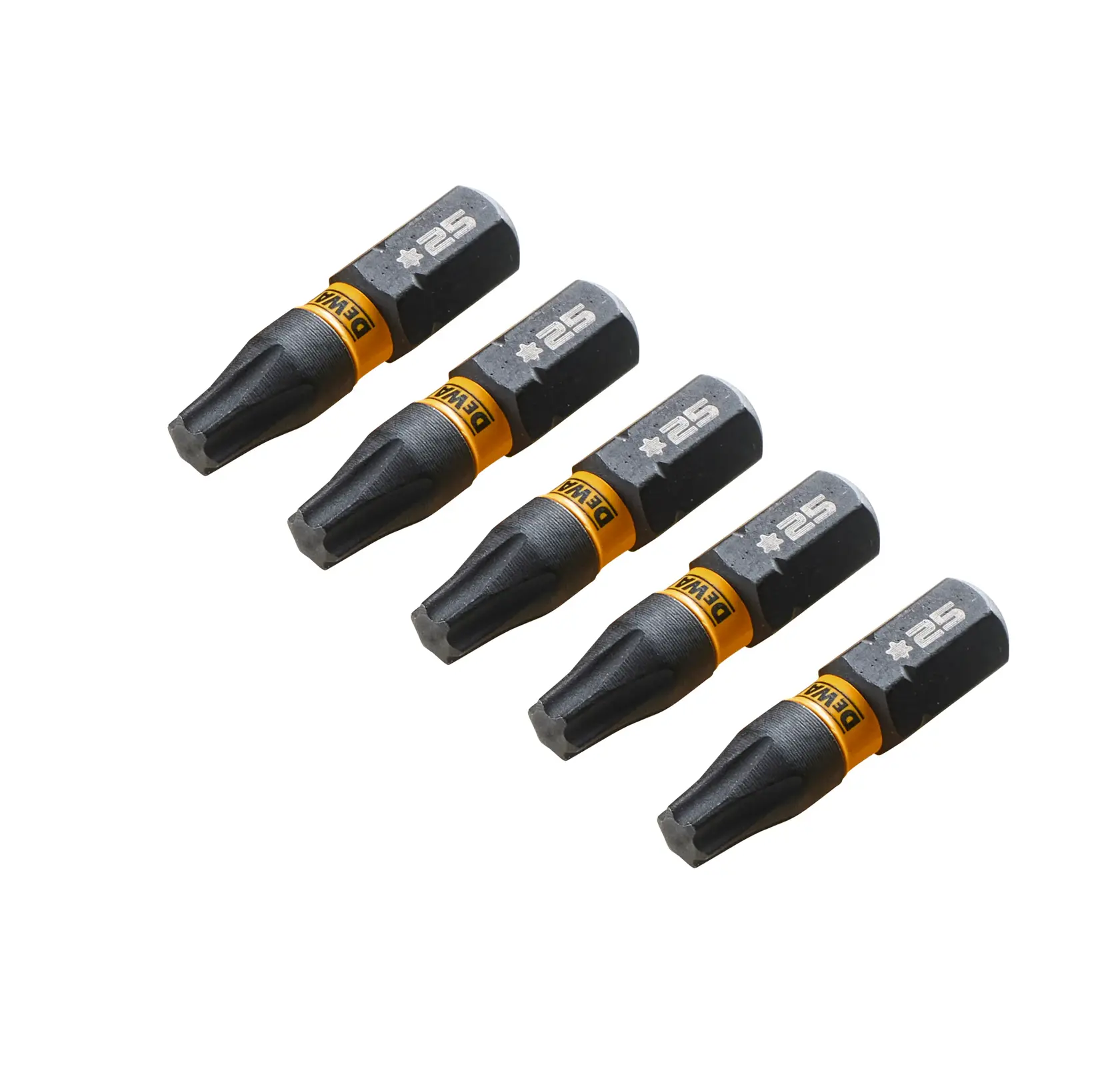 Five DEWALT Torx screwdriver bits size T25 arranged in a row on a white background.