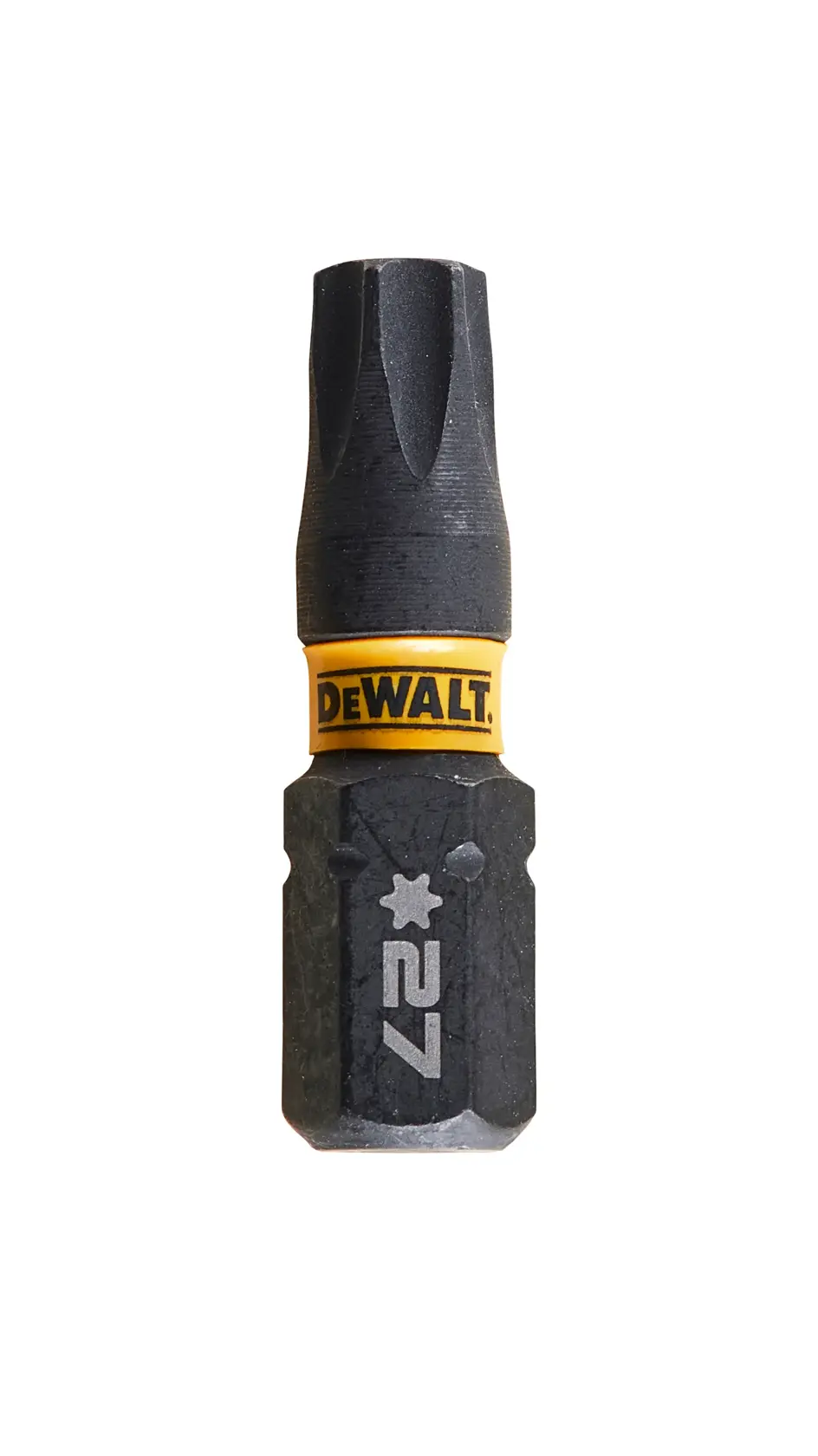 DEWALT DT7383T screwdriver bit, size 27, black with yellow branding ring.