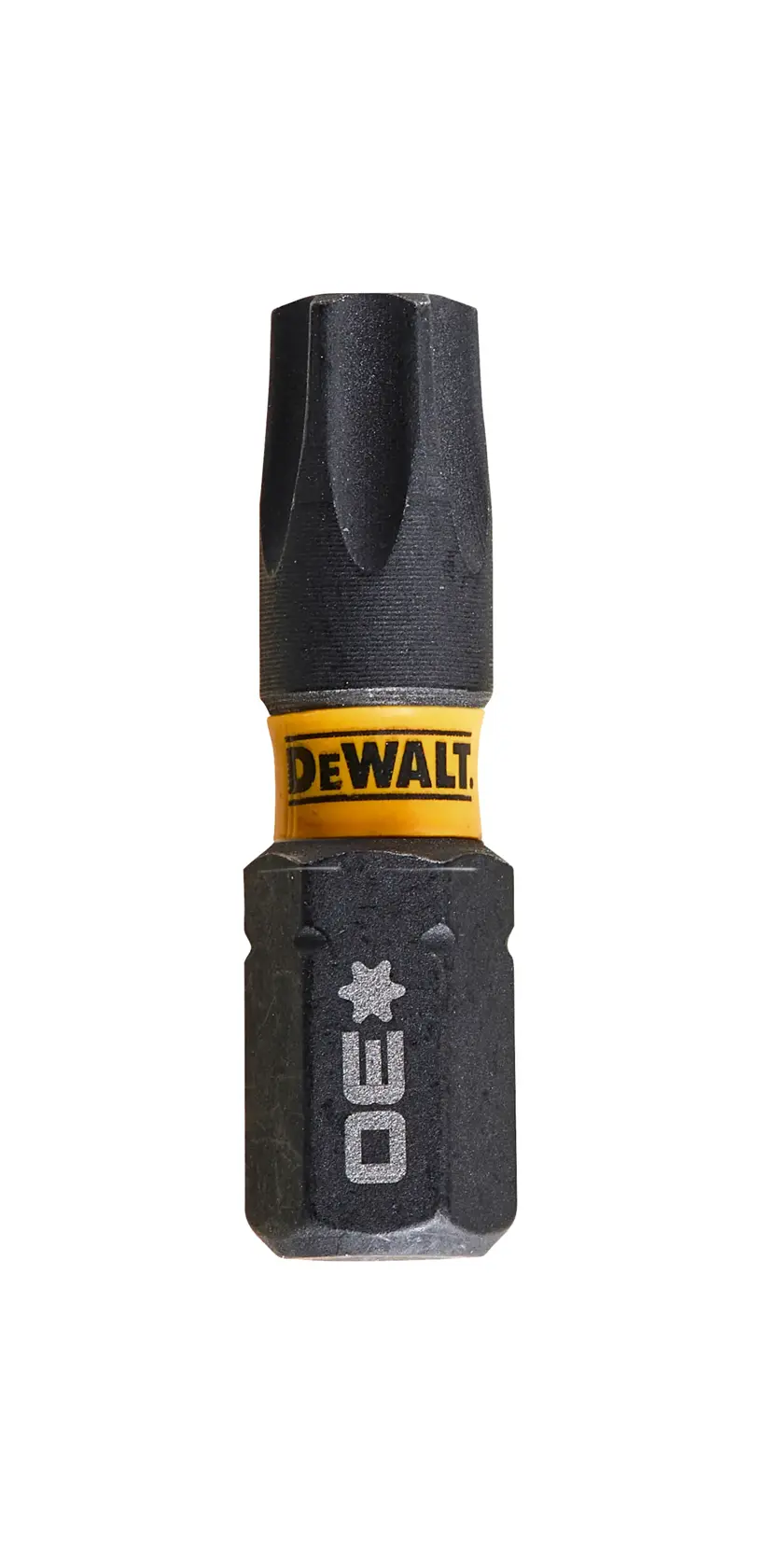 DEWALT DT7384T screwdriver bit, Torx TX30, black and yellow, close-up on white background.