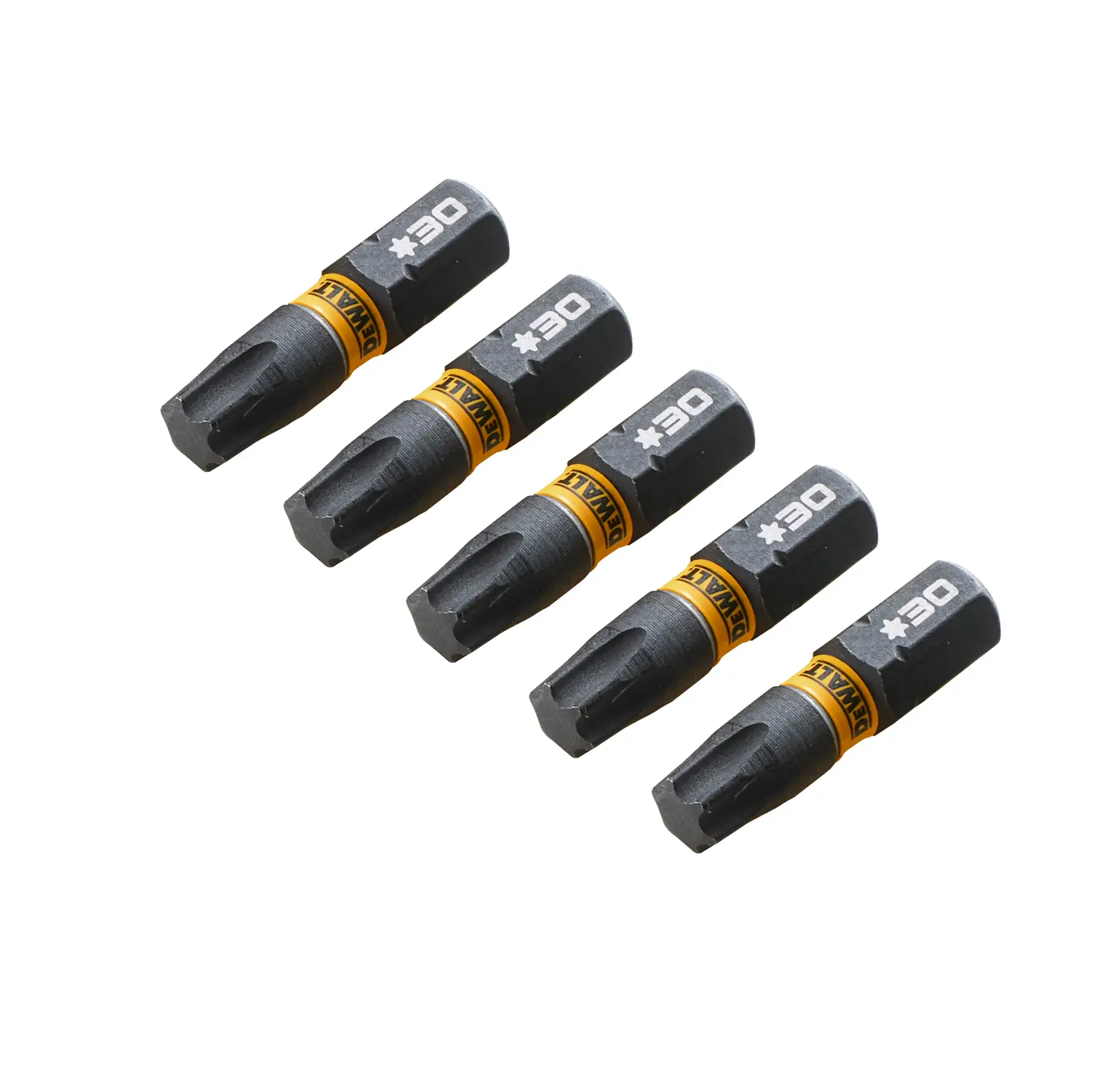 Five DEWALT screwdriver bits with yellow bands, arranged in a line, shown on a white background.