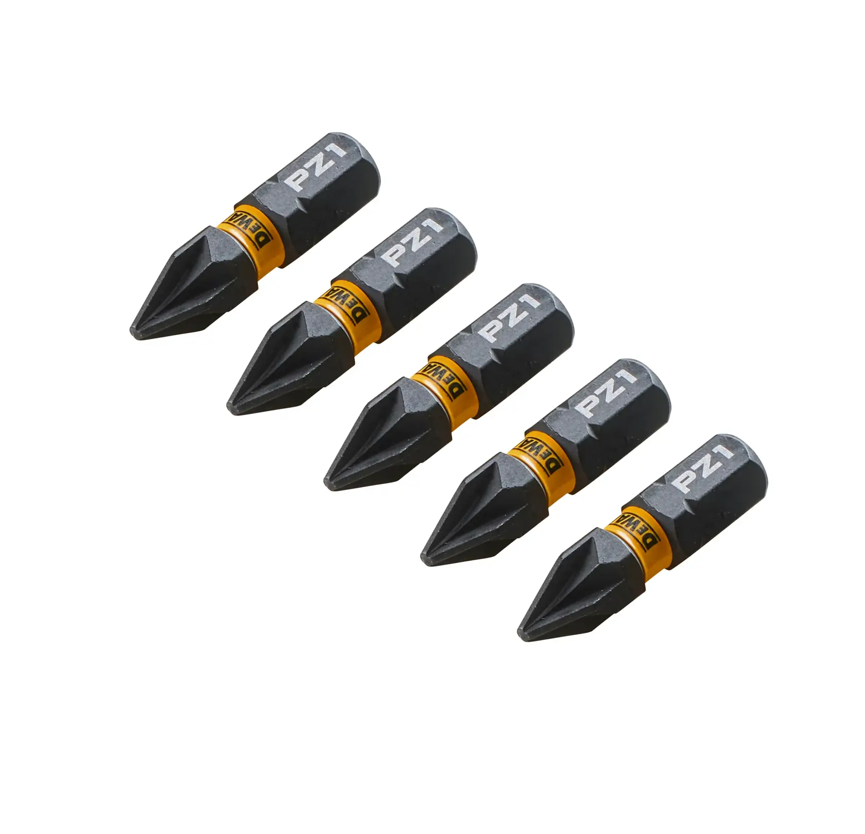 Five DEWALT PZ1 screwdriver bits arranged in a row on a white background.