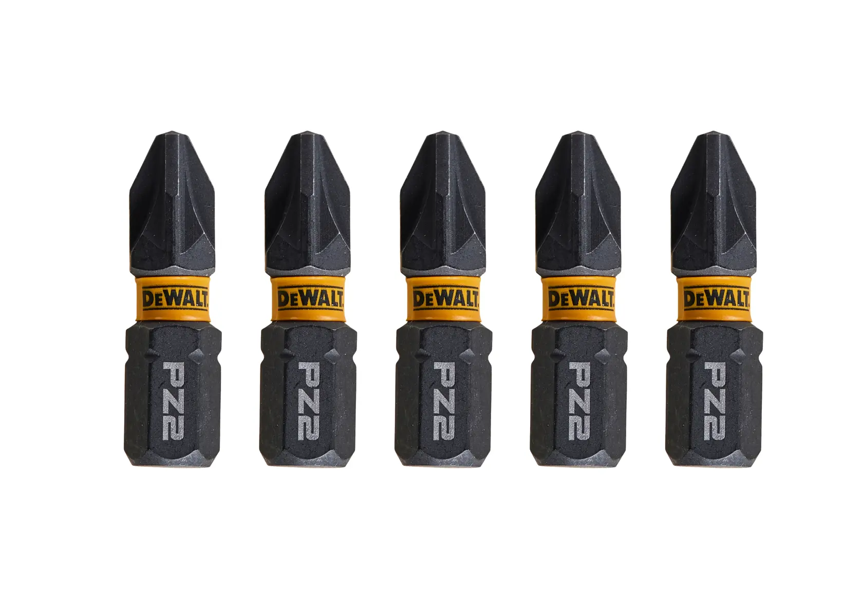 Five DEWALT PZ2 screwdriver bits are arranged in a row against a white background.
