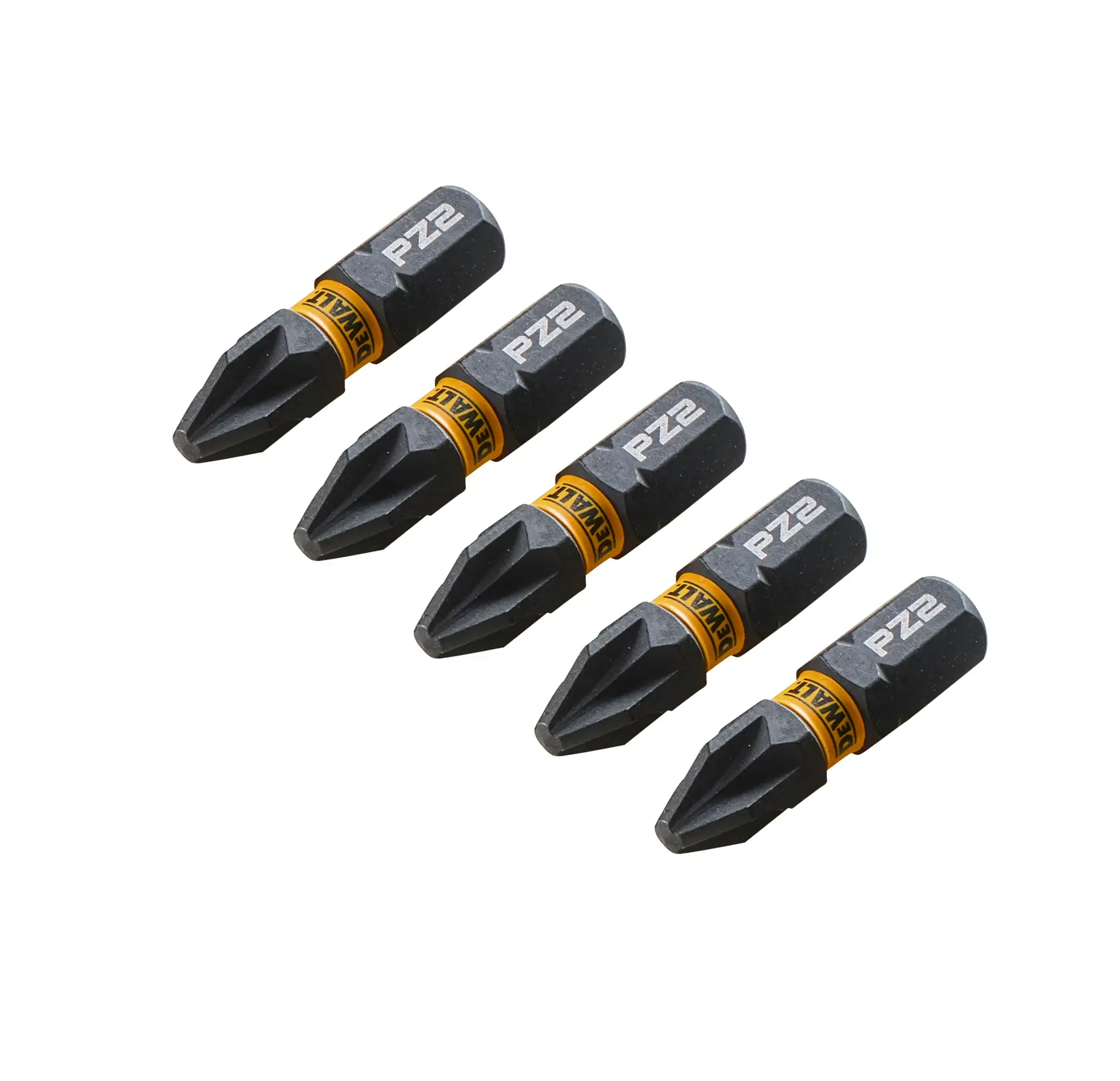 Five DEWALT PZ2 screwdriver bits with black and yellow color, placed in a row on a white background.