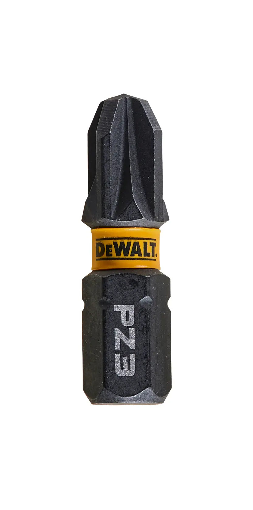 DEWALT Pozidriv screwdriver bit PZ3 with yellow ring, black finish, isolated on a white background.