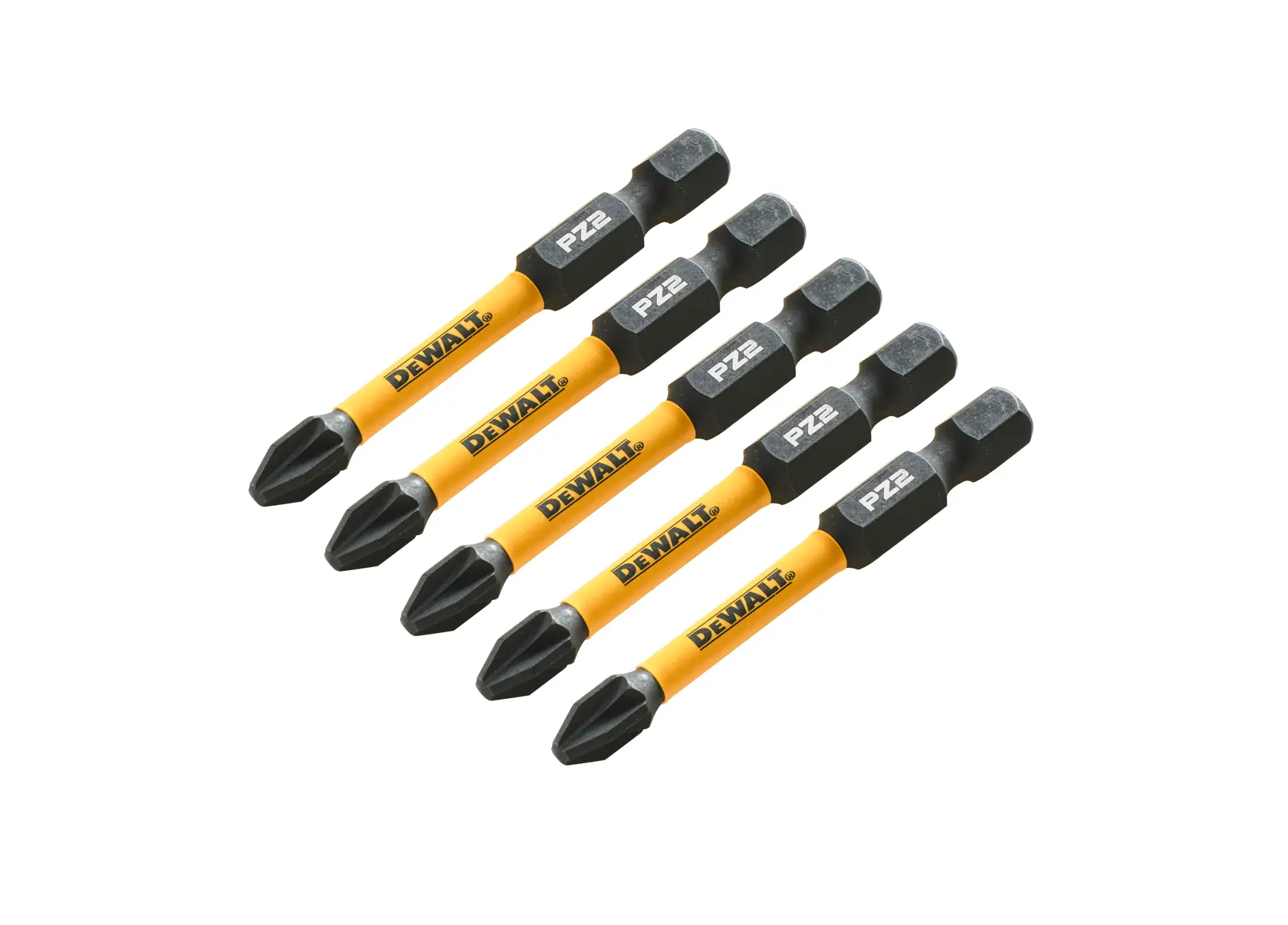 Set of five DEWALT yellow screwdriver bits with black tips and hex shank, labeled PZ2.