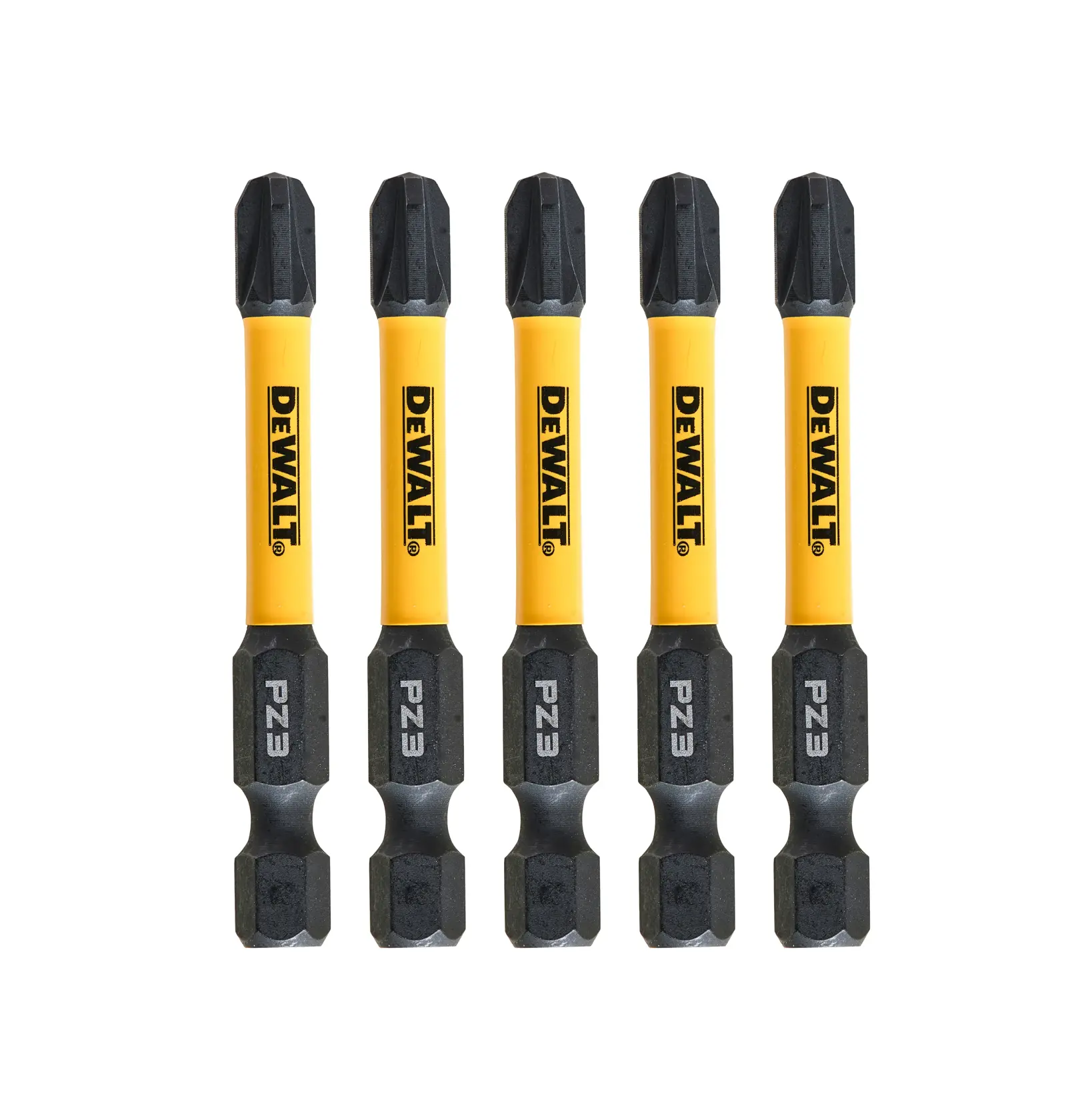 Set of five DEWALT PZ3 screwdriver bits with yellow shank and black tips, arranged vertically on white.