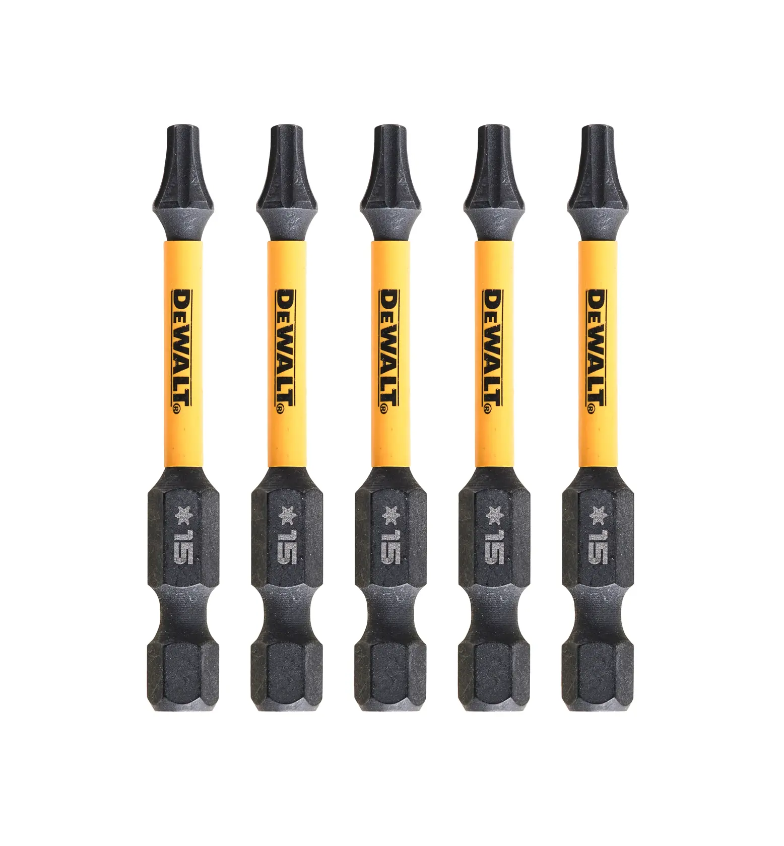 Five yellow DEWALT T15 screwdriver bits aligned vertically on a white background.