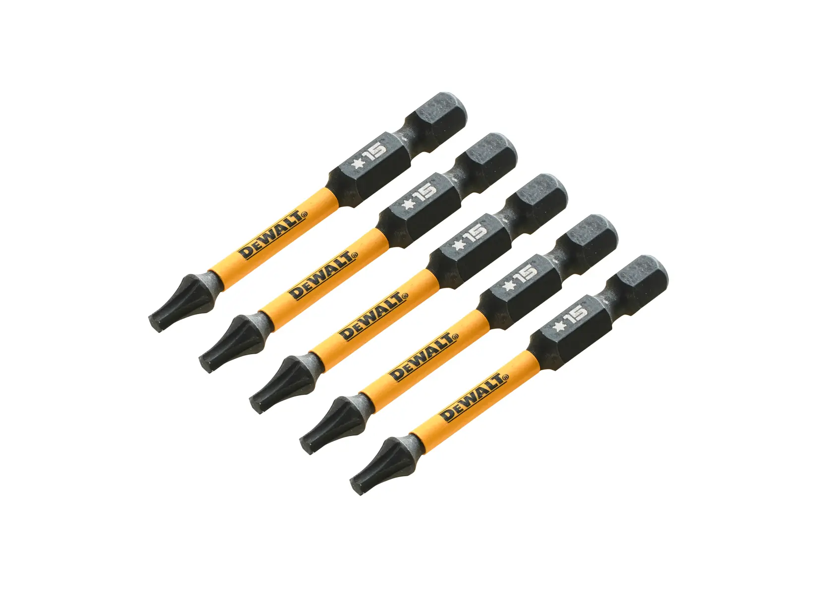 Five DEWALT branded screwdriver bits with yellow shafts, arranged diagonally on a white background.