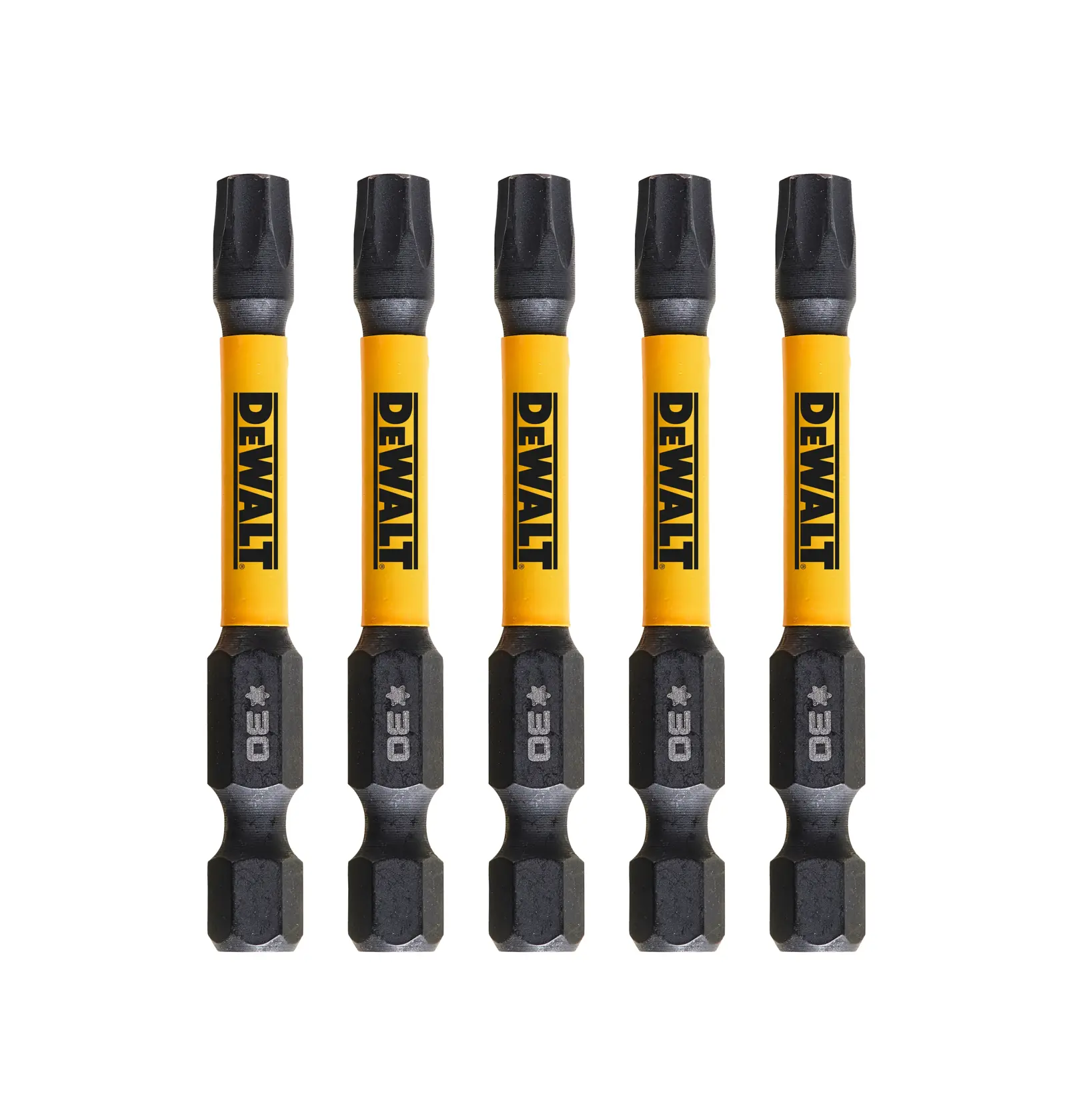 DEWALT screwdriver bits set, 5 pieces, SKUs DT7398T-QZ, DT7398T. Yellow and black, for photography tools.