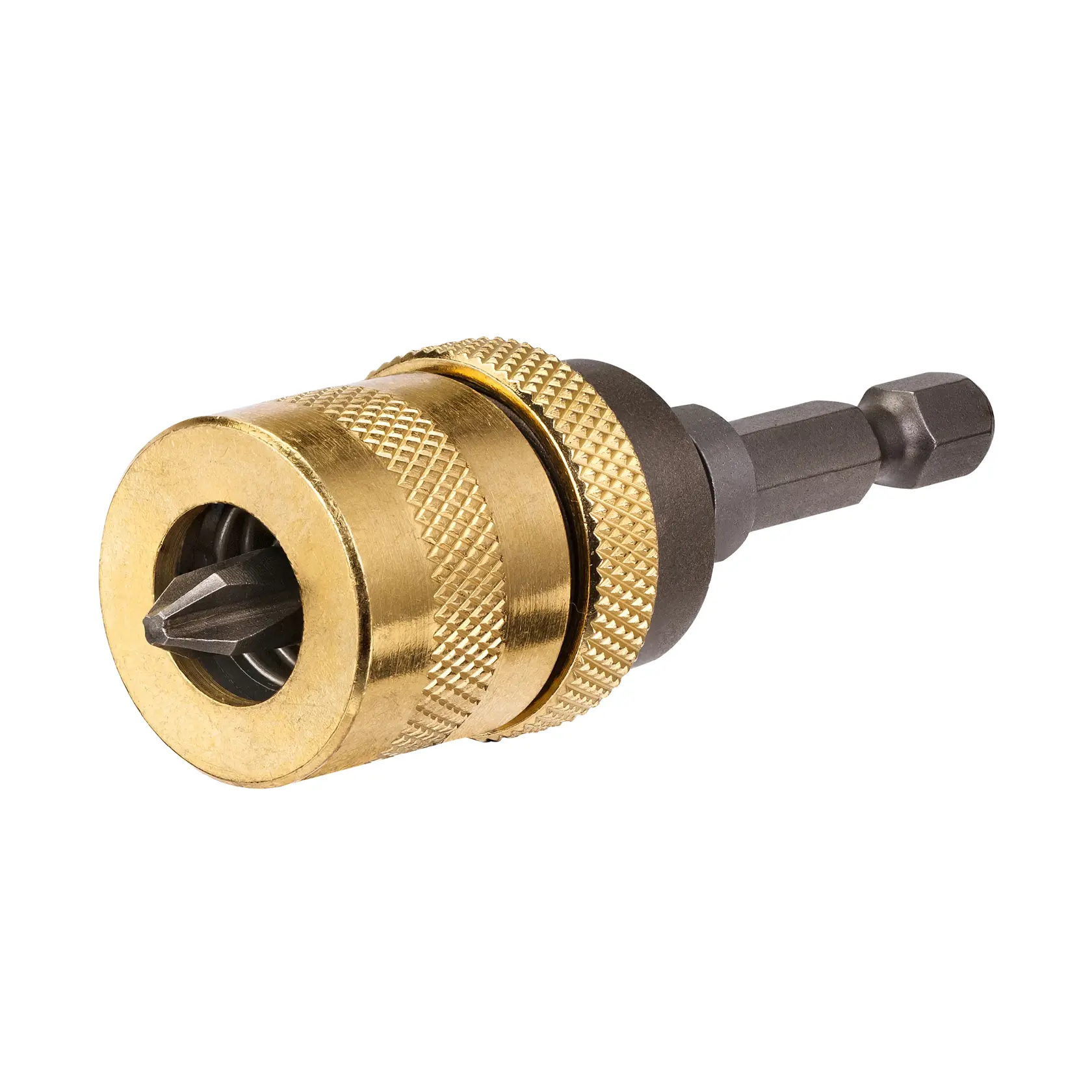 Close-up of a DEWALT DT7521 gold drill bit holder with a black screwdriver bit attached.