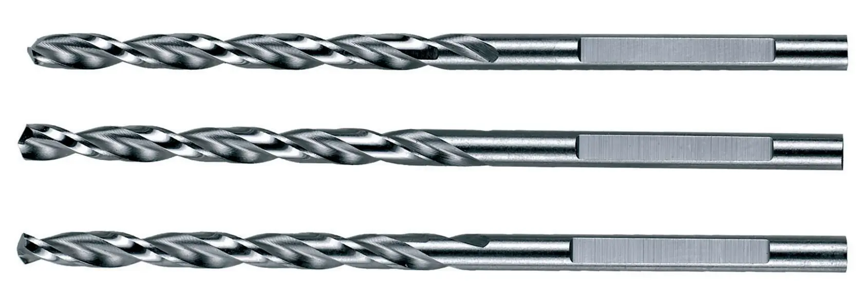 Three metal drill bits arranged horizontally on a white background.