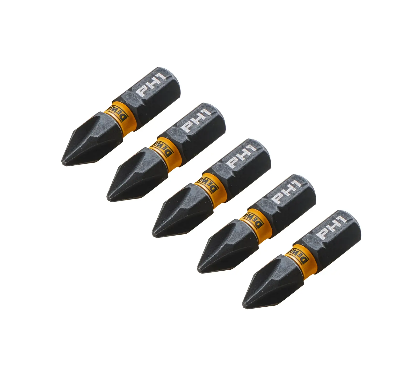 Five DEWALT PH1 screwdriver bits with black and yellow design, arranged in a row on a white background.