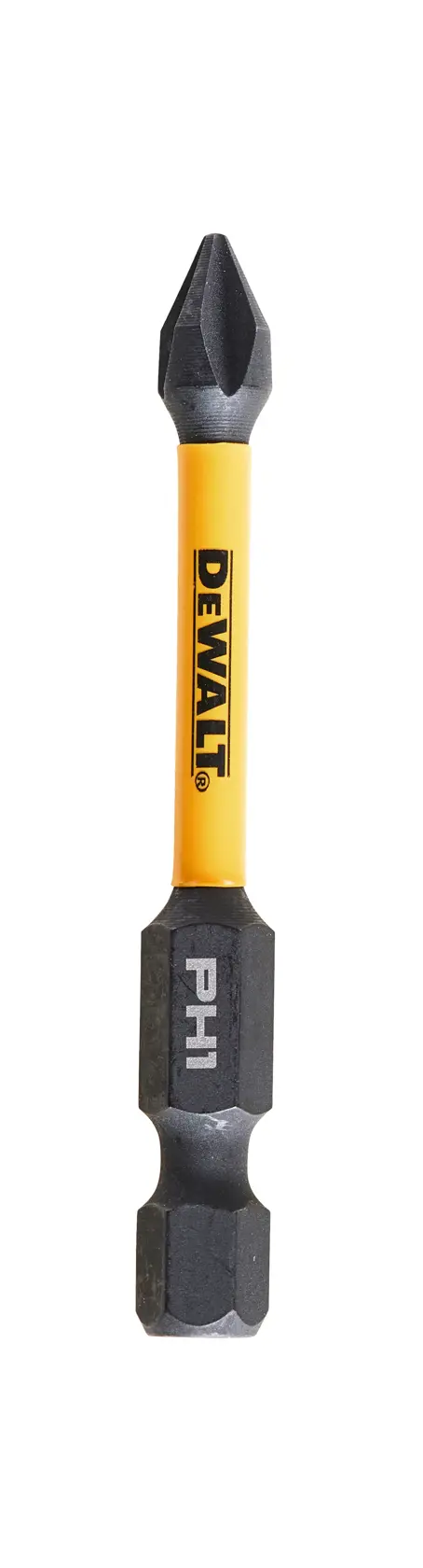 DEWALT PH1 screwdriver bit with yellow shaft and black tip, suitable for power tools.
