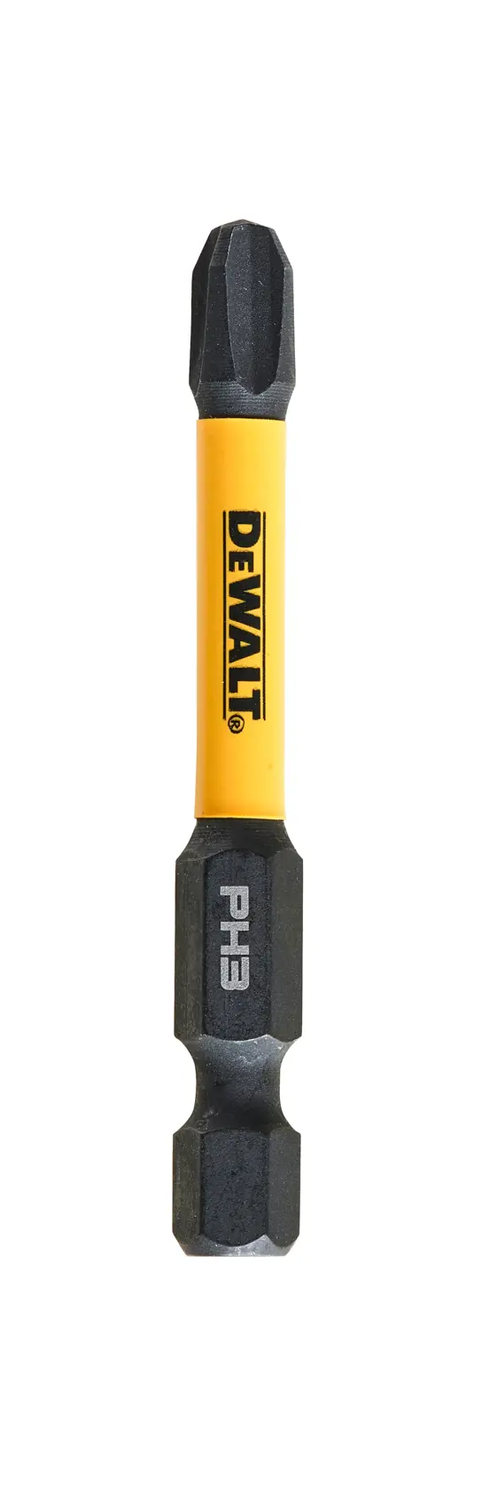DEWALT PH3 screwdriver bit with yellow shaft and black ends, used for fastening and construction tasks.