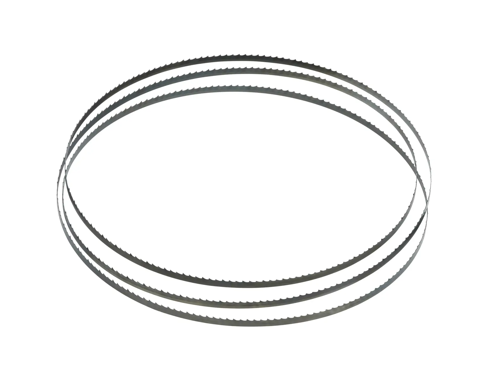 Three metal band saw blades with serrated edges arranged in a circle on a white background.