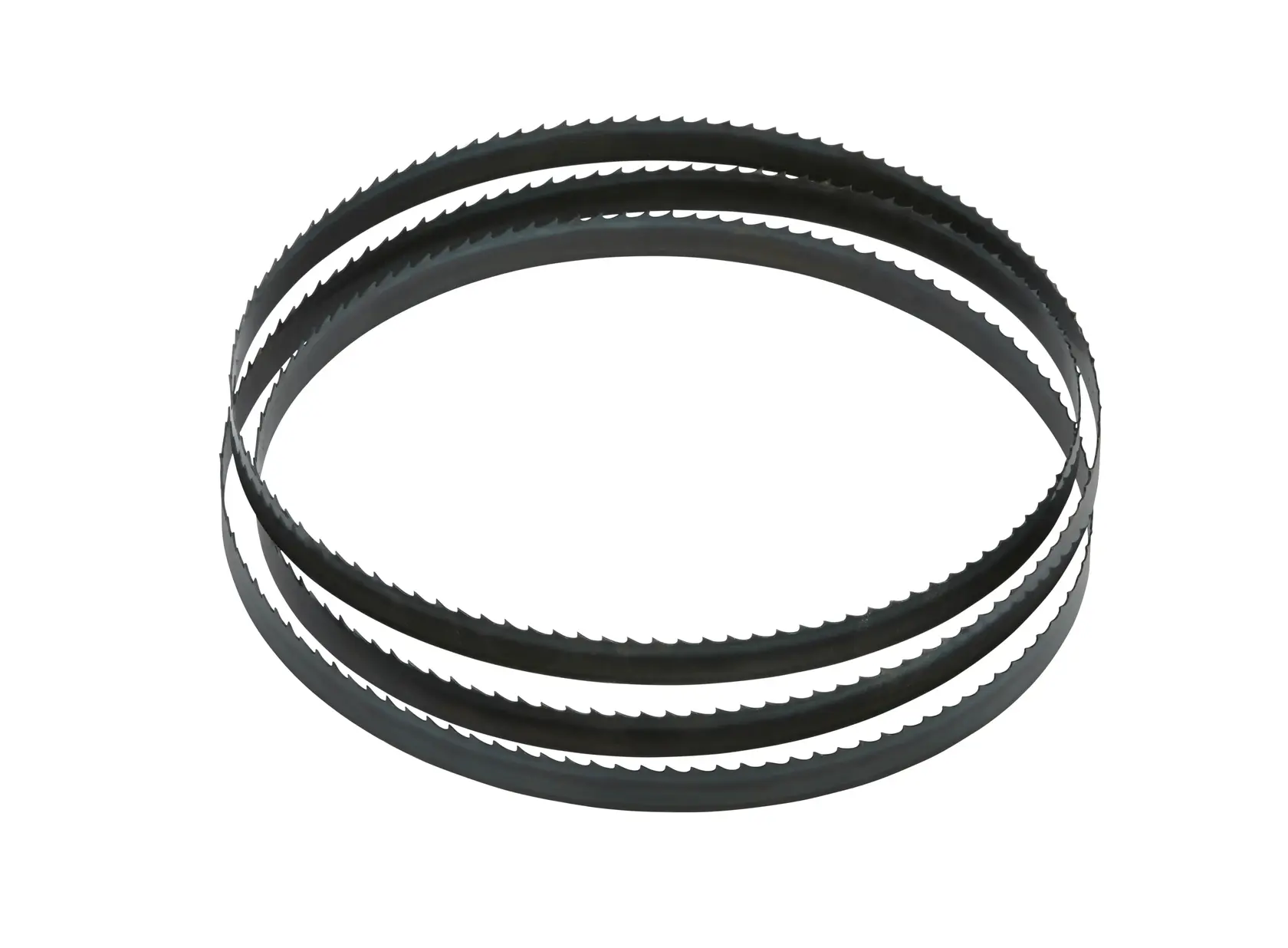 Three metal band saw blades with serrated edges, coiled together, displayed on a white background.