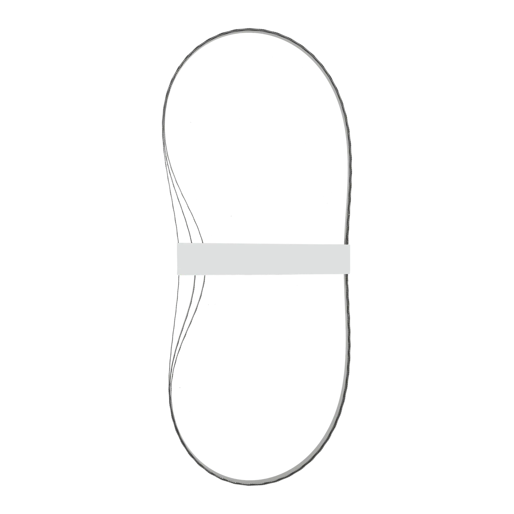 Metal band saw blade pack with several thin loops, held together by a white band, against a white background.