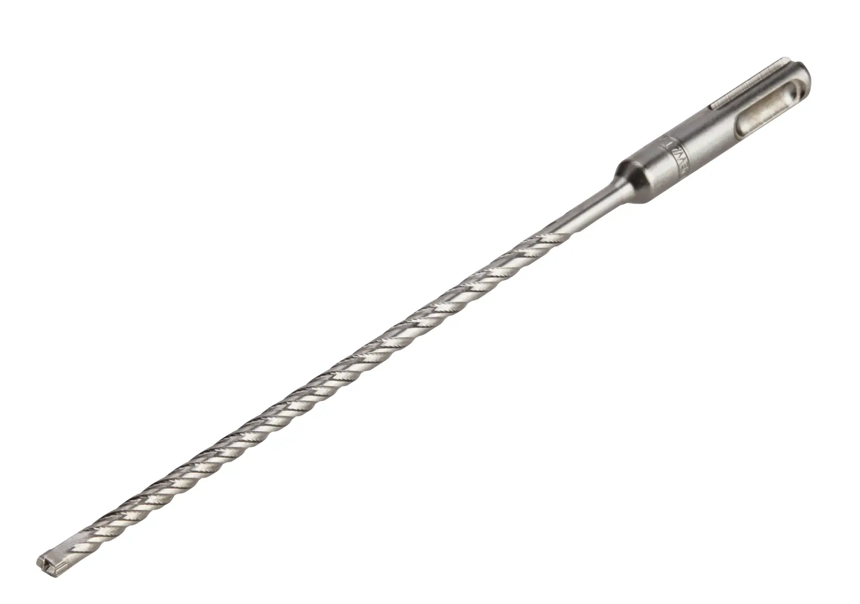 A DEWALT SDS-plus masonry drill bit, long and slim with a twisted design, used for drilling into concrete or stone.
