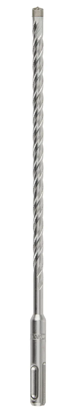 A long, silver DEWALT masonry drill bit with spiral flute and SDS shank, shown vertically against a white background.