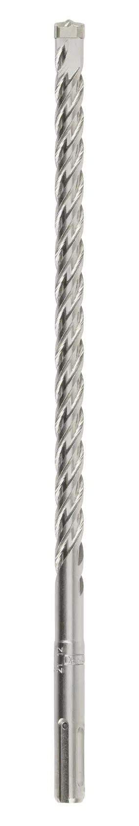 Long silver DEWALT drill bit with spiral design, used for drilling in masonry or concrete surfaces.